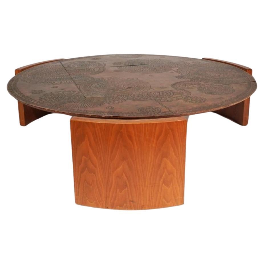 American Vladimir Kagan (1927-2016) Patinated Etched Brass Top Teak Coffee Table, 1950s For Sale