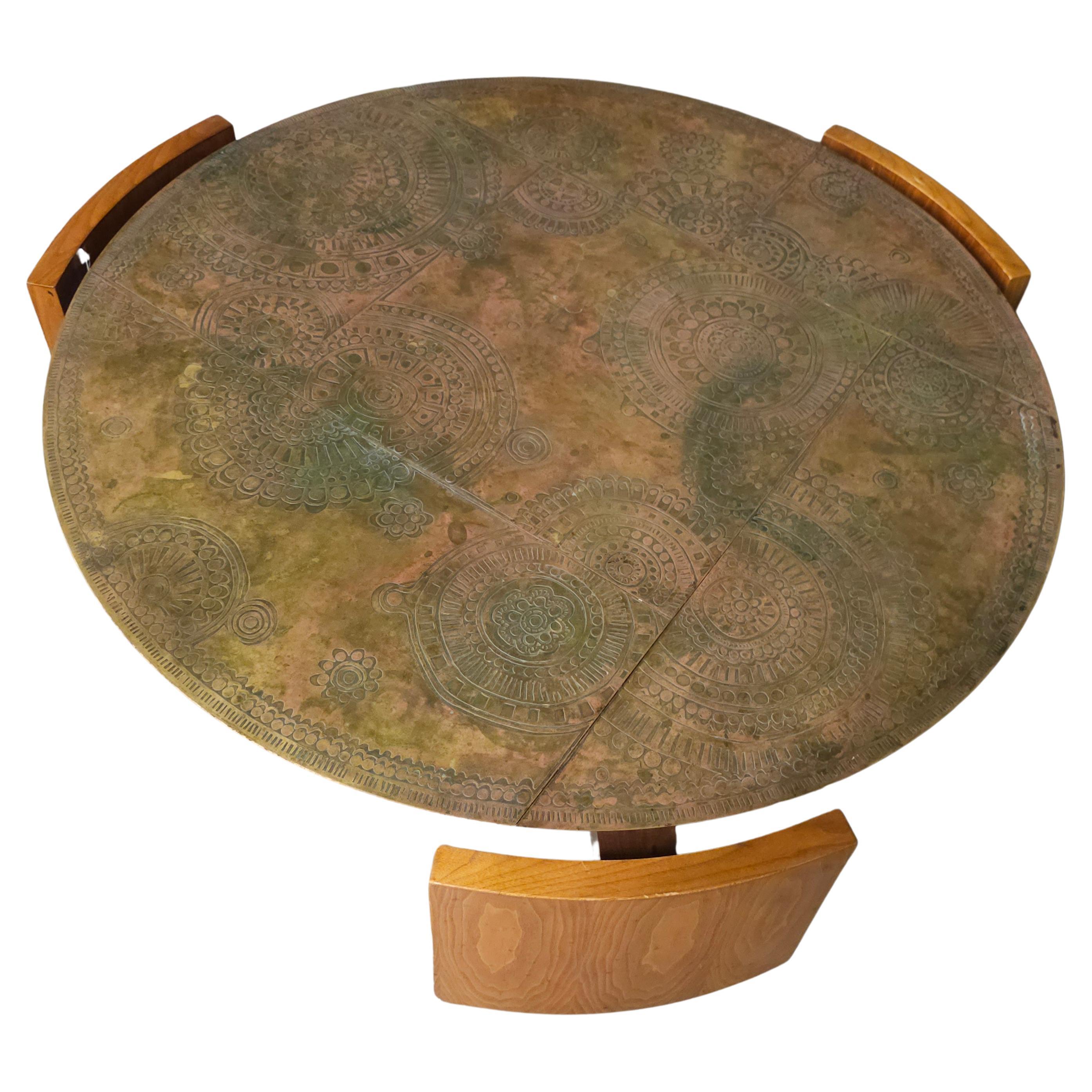 Embossed Vladimir Kagan (1927-2016) Patinated Etched Brass Top Teak Coffee Table, 1950s For Sale