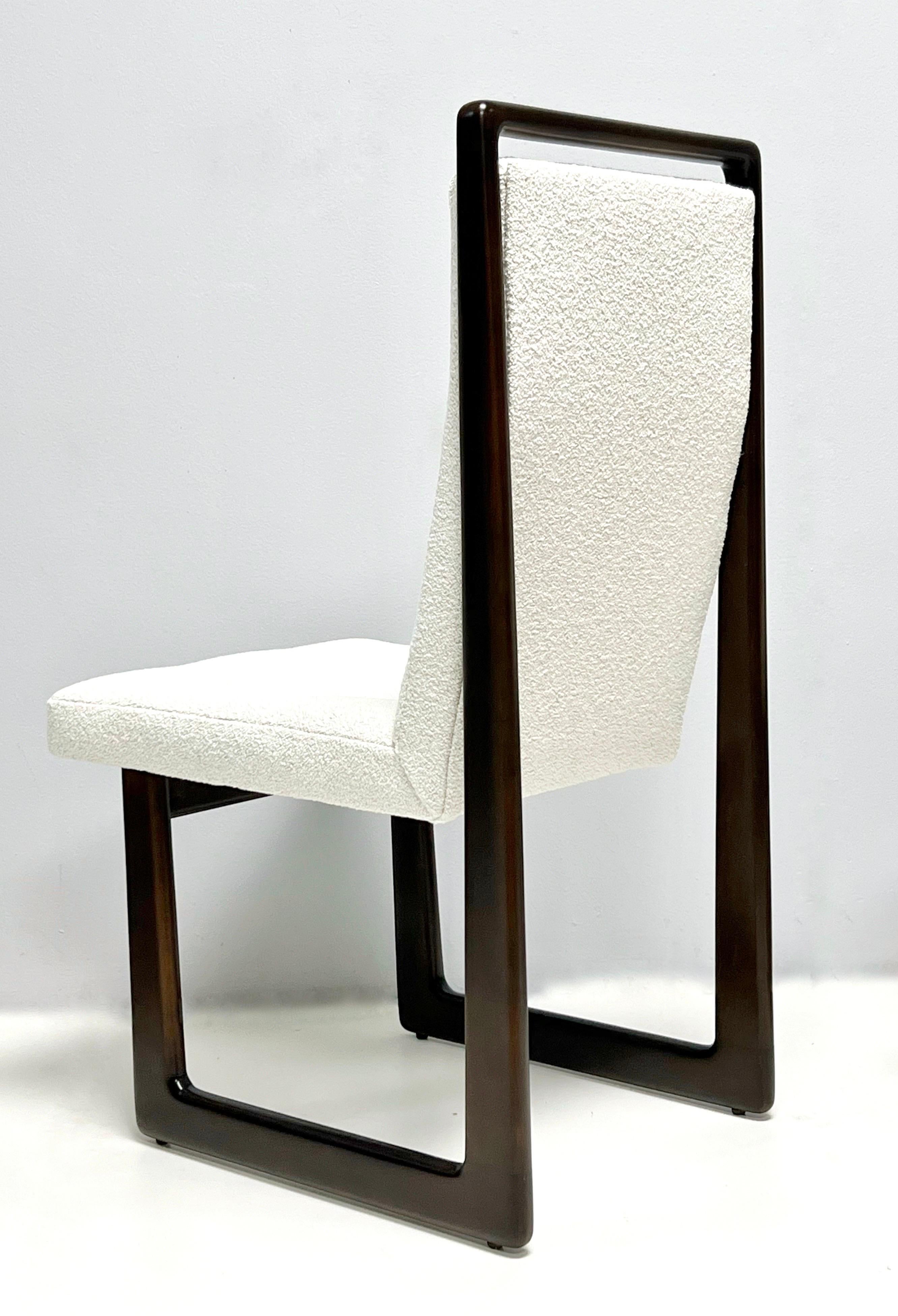 A set of 6 Cubist dining chairs by Vladimir Kagan. Wood frames with upholstered seats. Retain labels.