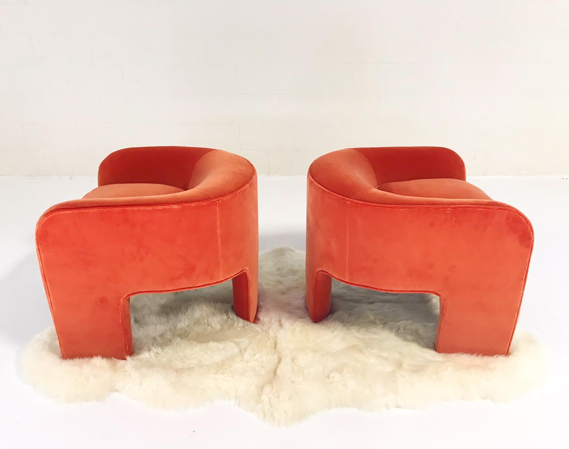 Vladimir Kagan Armchairs Restored in Loro Piana Orange Velvet with Sheepskin Rug 3
