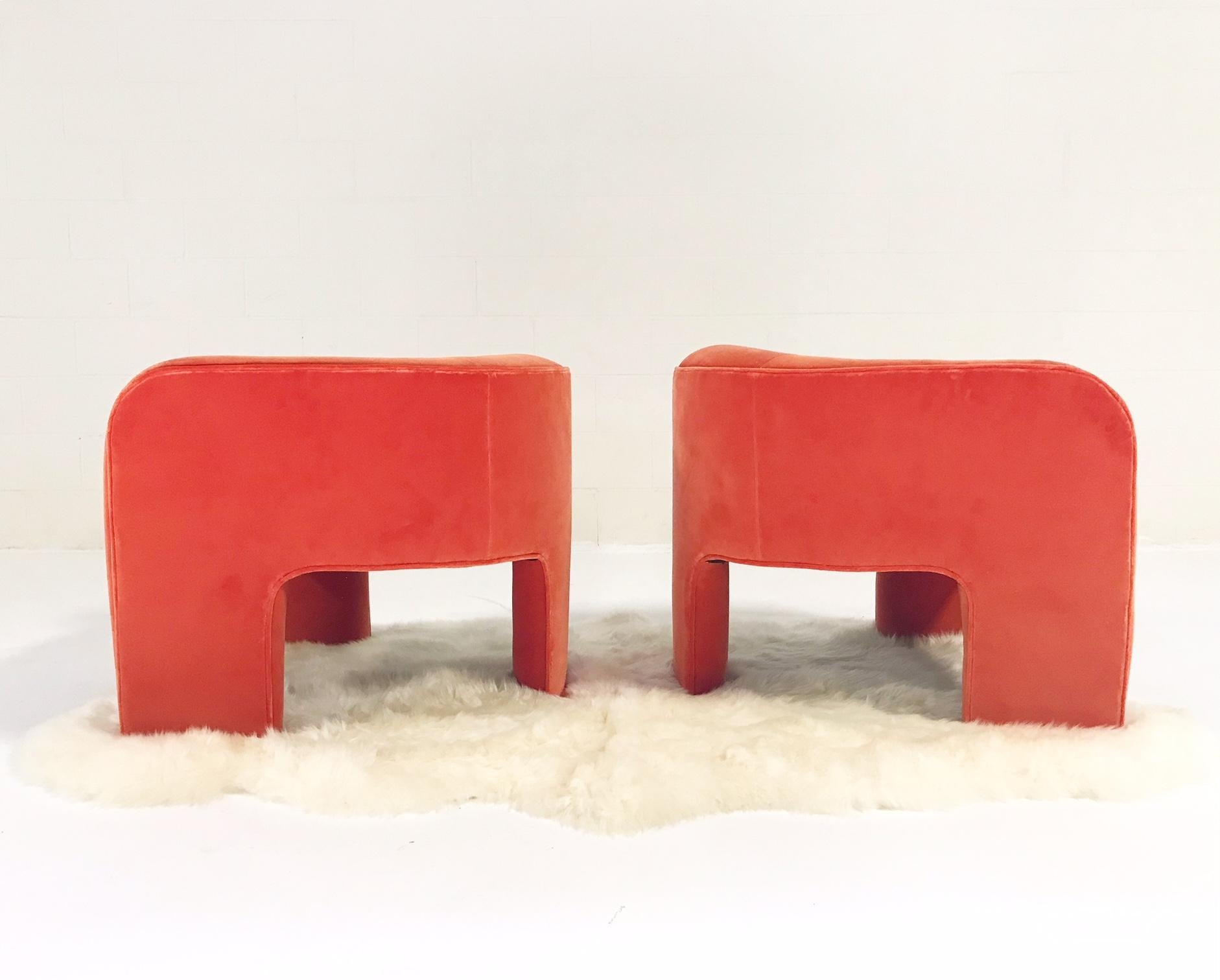 Vladimir Kagan Armchairs Restored in Loro Piana Orange Velvet with Sheepskin Rug 4