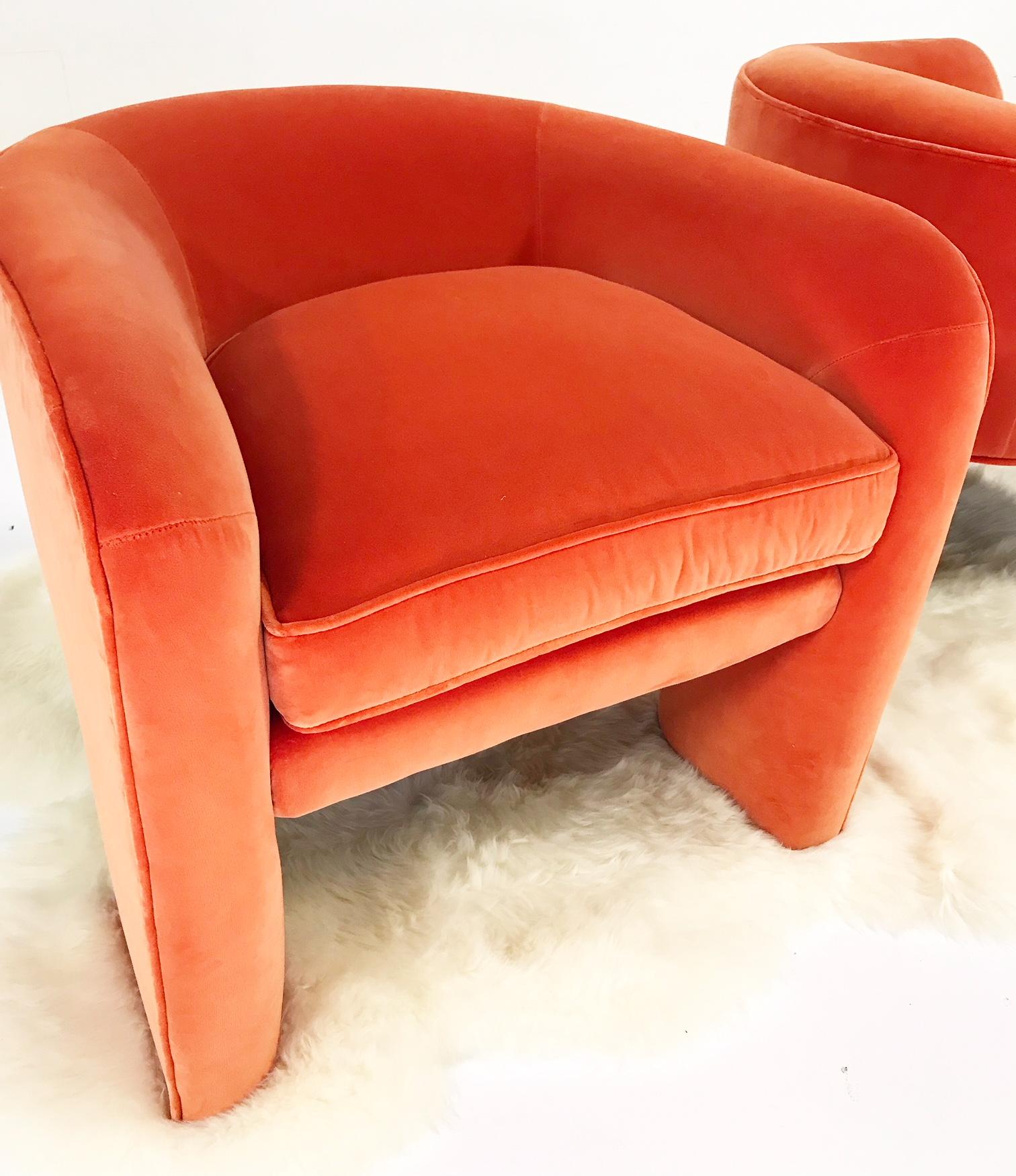 Vladimir Kagan Armchairs Restored in Loro Piana Orange Velvet with Sheepskin Rug 5