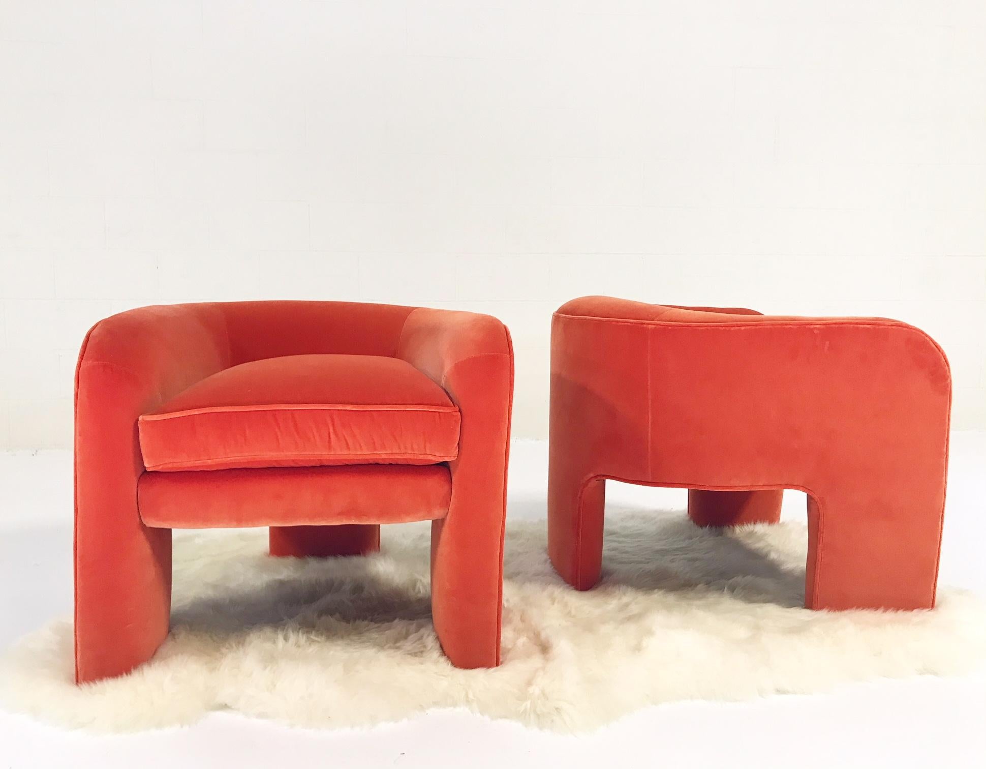 Vladimir Kagan Armchairs Restored in Loro Piana Orange Velvet with Sheepskin Rug 6