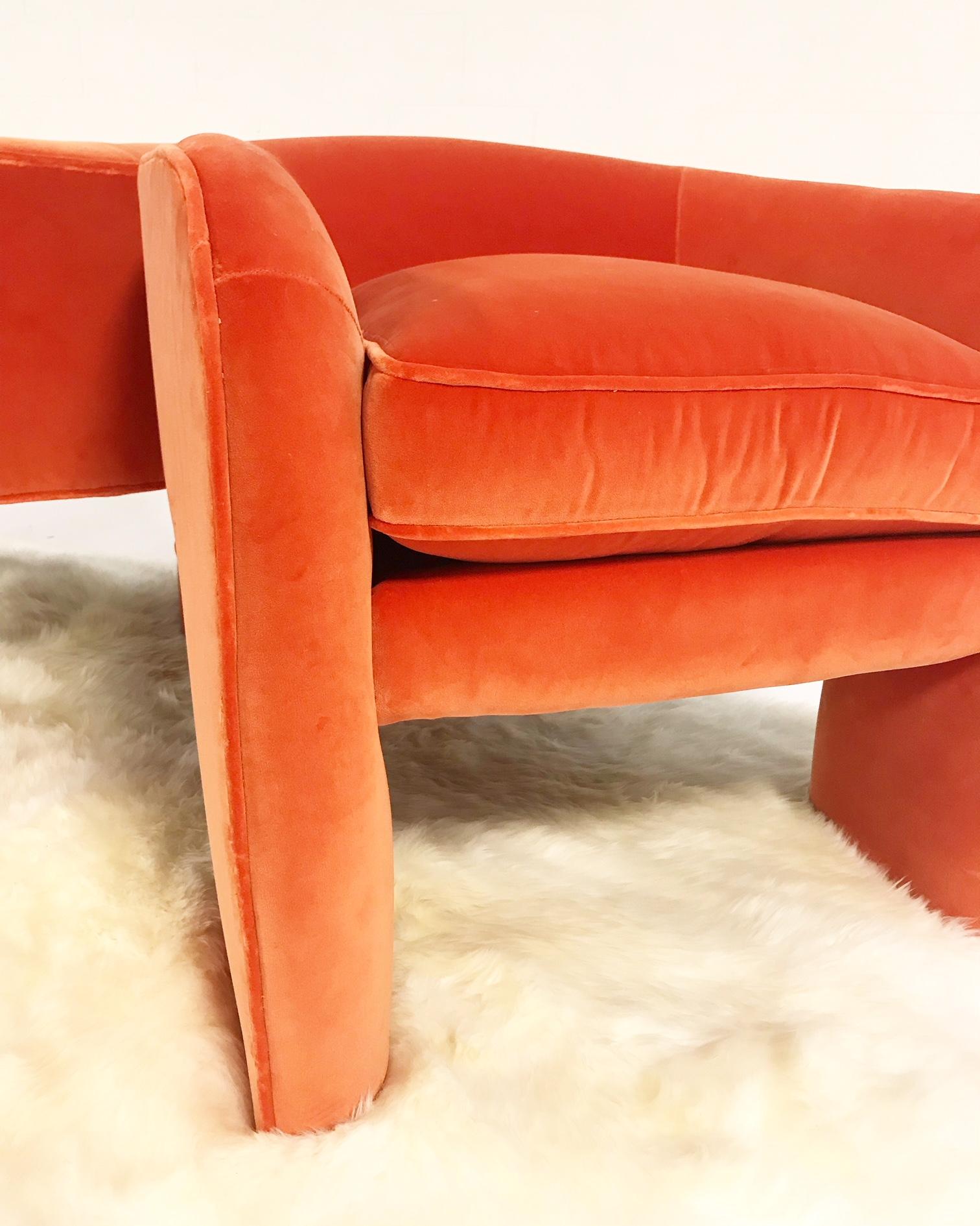 Vladimir Kagan knew how to design dramatic show-stoppers. We love these one-of-a-kind three-legged sculptural chairs, expertly restored and reupholstered with new feathers and cushioning. Keeping with a retro 1970s vibe, our designers chose an