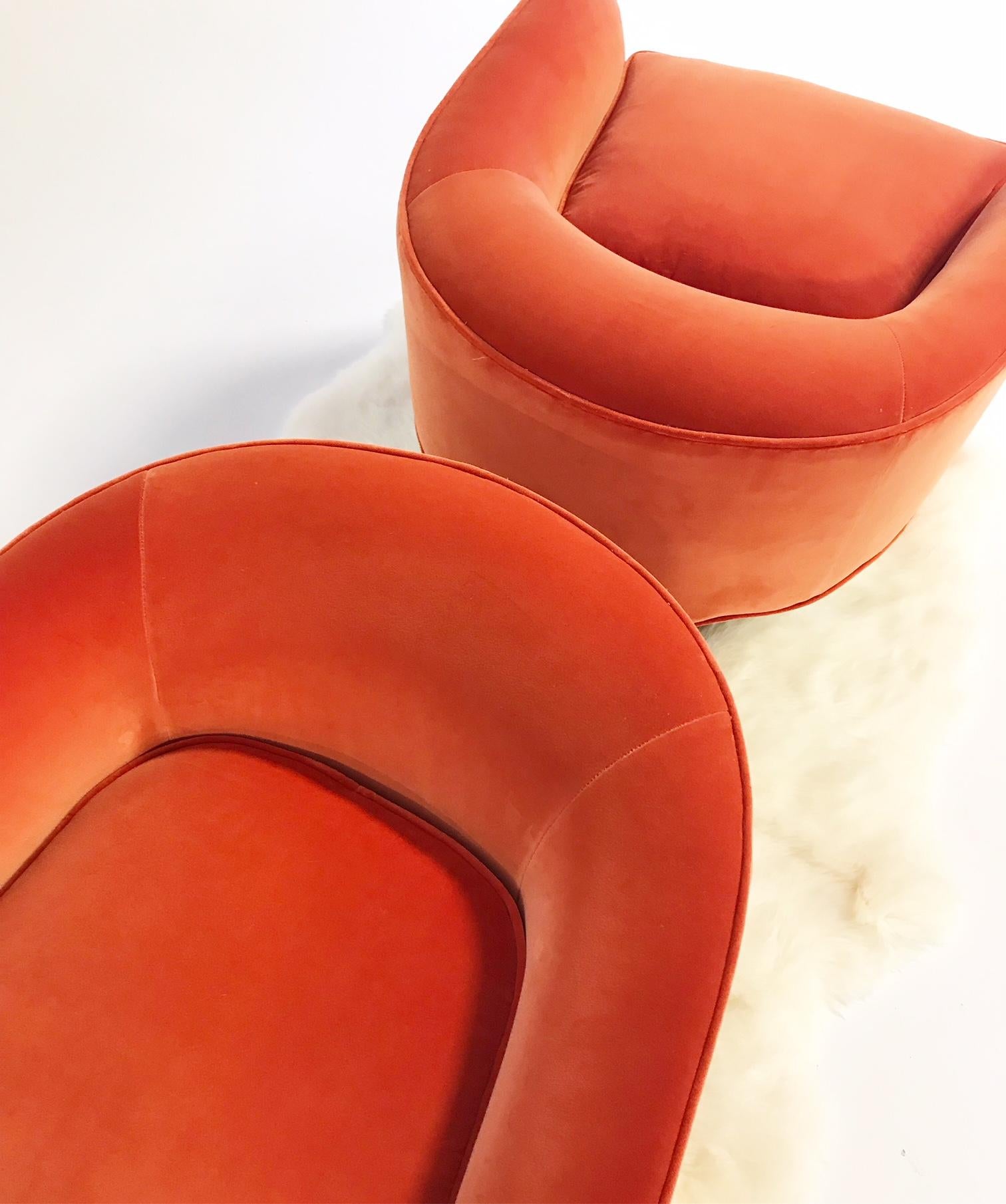 Mid-Century Modern Vladimir Kagan Armchairs Restored in Loro Piana Orange Velvet with Sheepskin Rug