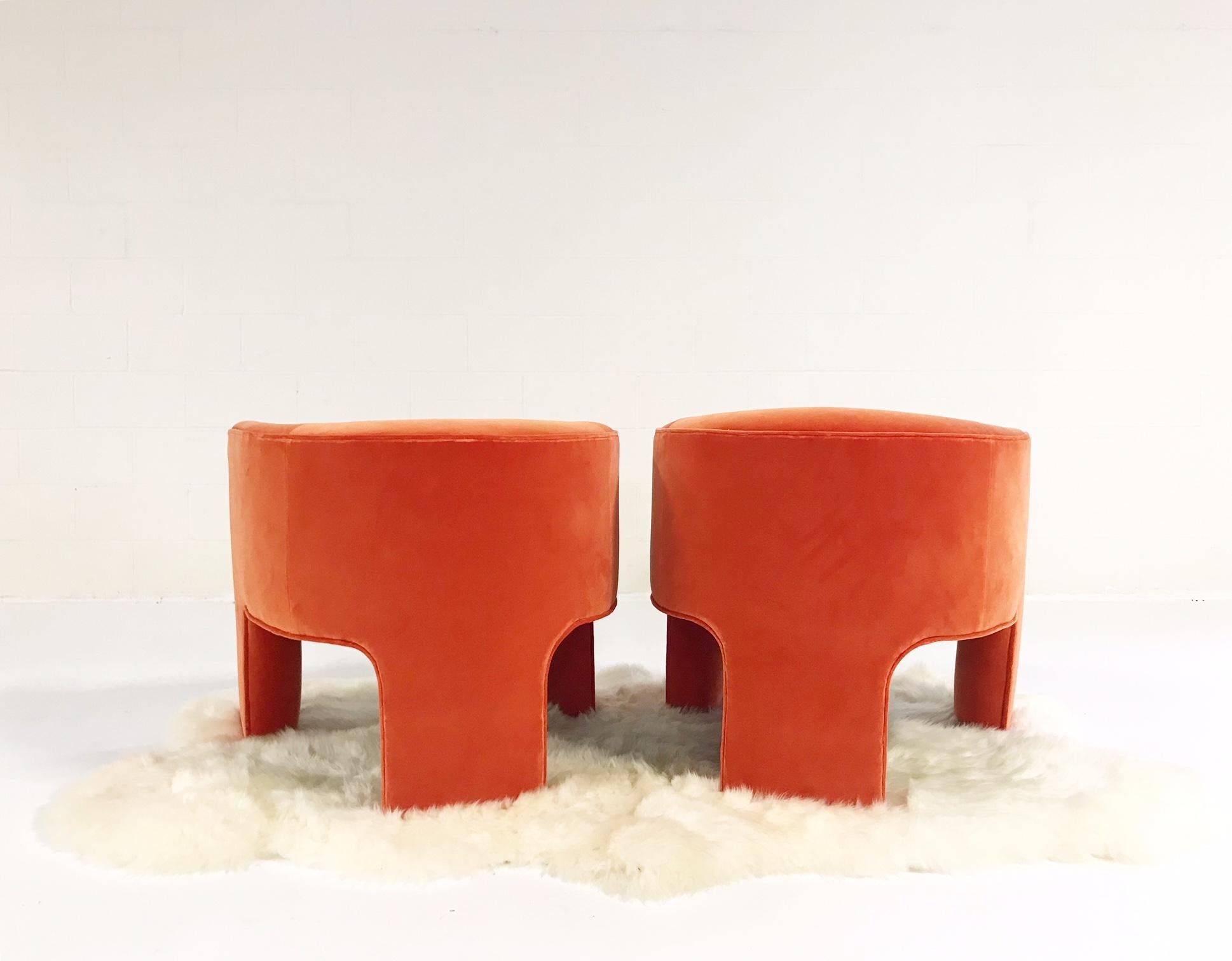North American Vladimir Kagan Armchairs Restored in Loro Piana Orange Velvet with Sheepskin Rug