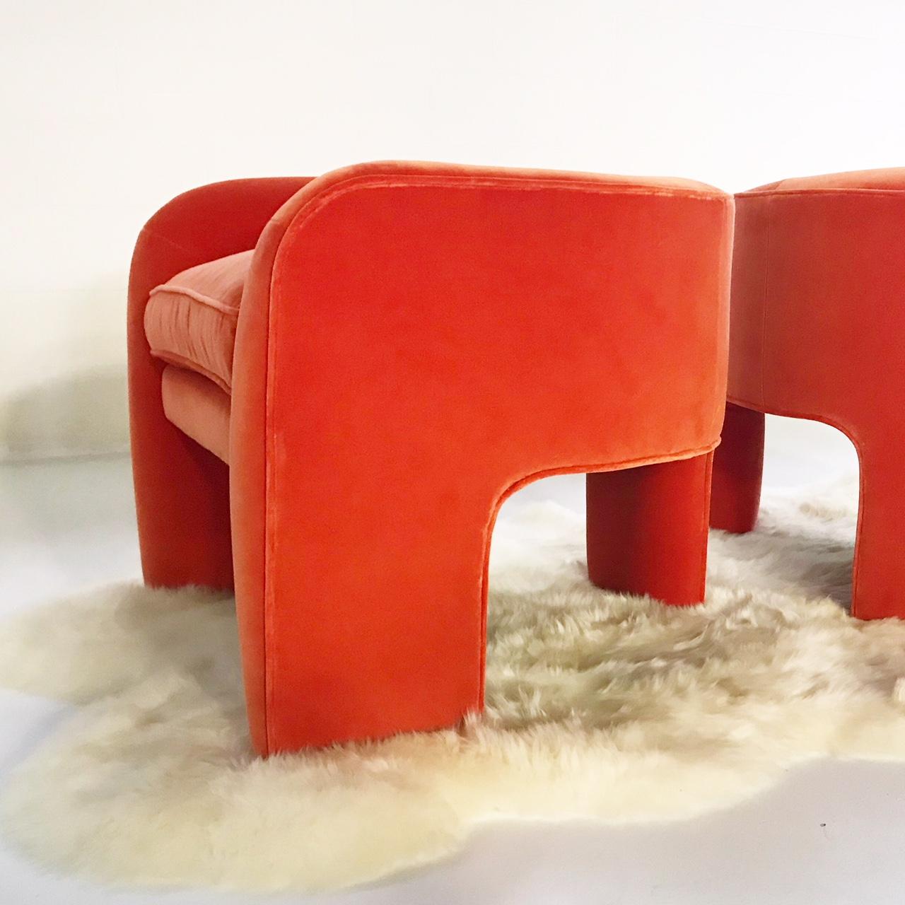 Vladimir Kagan Armchairs Restored in Loro Piana Orange Velvet with Sheepskin Rug In Excellent Condition In SAINT LOUIS, MO