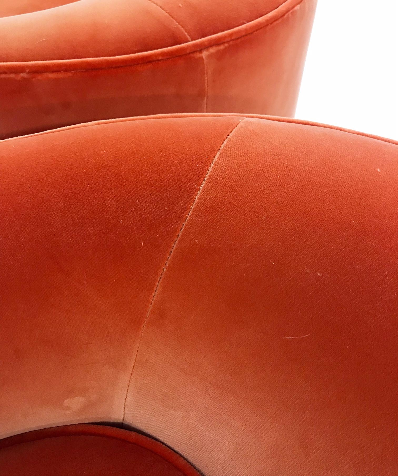 20th Century Vladimir Kagan Armchairs Restored in Loro Piana Orange Velvet with Sheepskin Rug