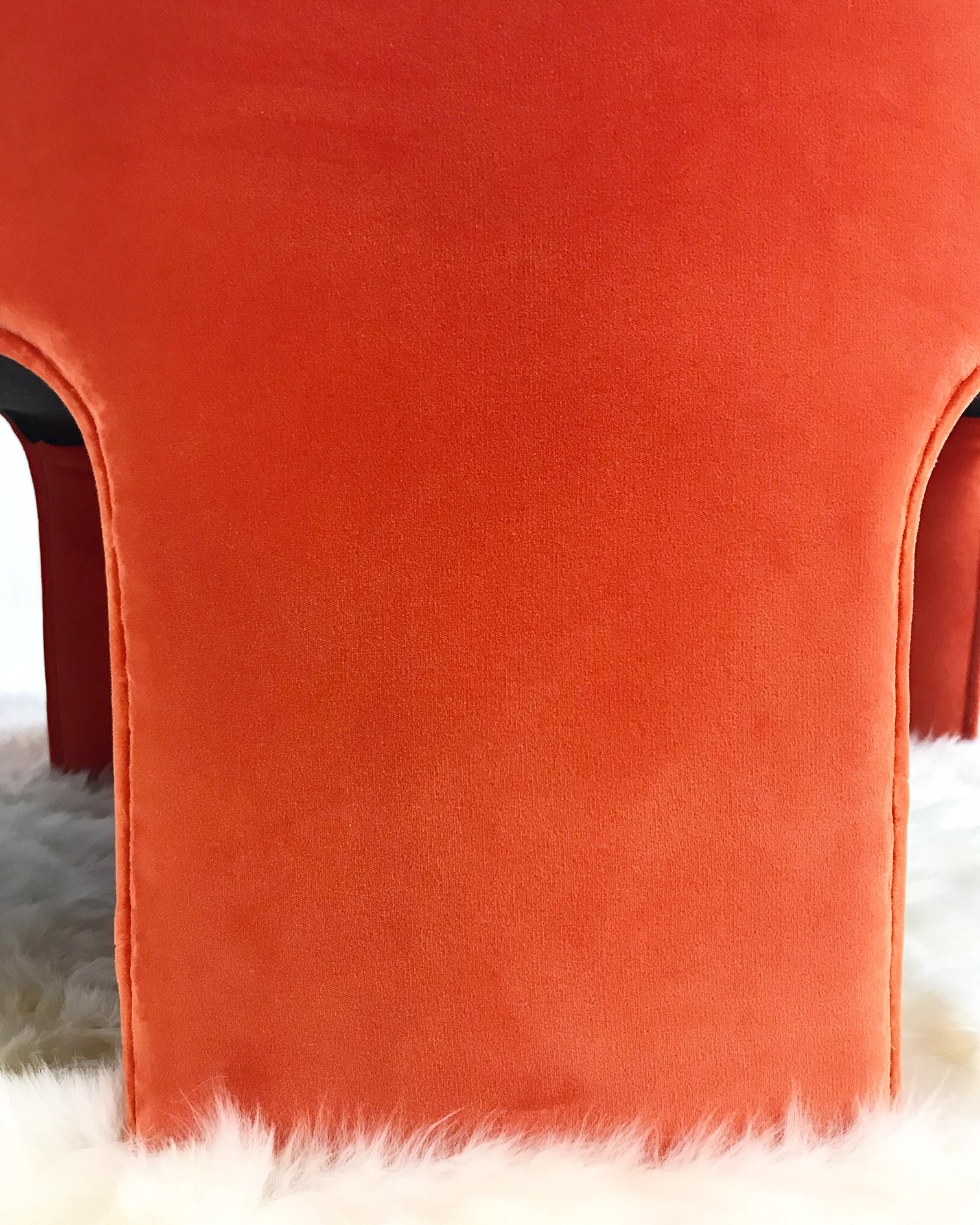 Vladimir Kagan Armchairs Restored in Loro Piana Orange Velvet with Sheepskin Rug 1
