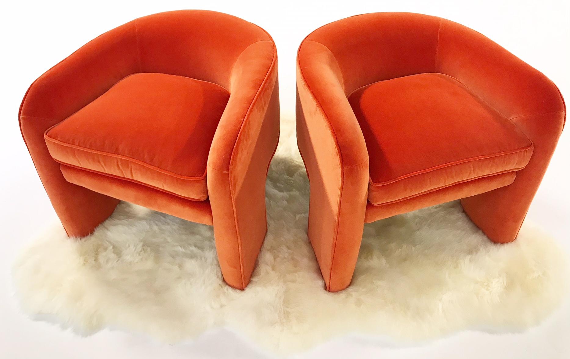 Vladimir Kagan Armchairs Restored in Loro Piana Orange Velvet with Sheepskin Rug 2