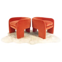 Used Vladimir Kagan Armchairs Restored in Loro Piana Orange Velvet with Sheepskin Rug