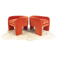 Vintage Vladimir Kagan Armchairs Restored in Loro Piana Orange Velvet with Sheepskin Rug