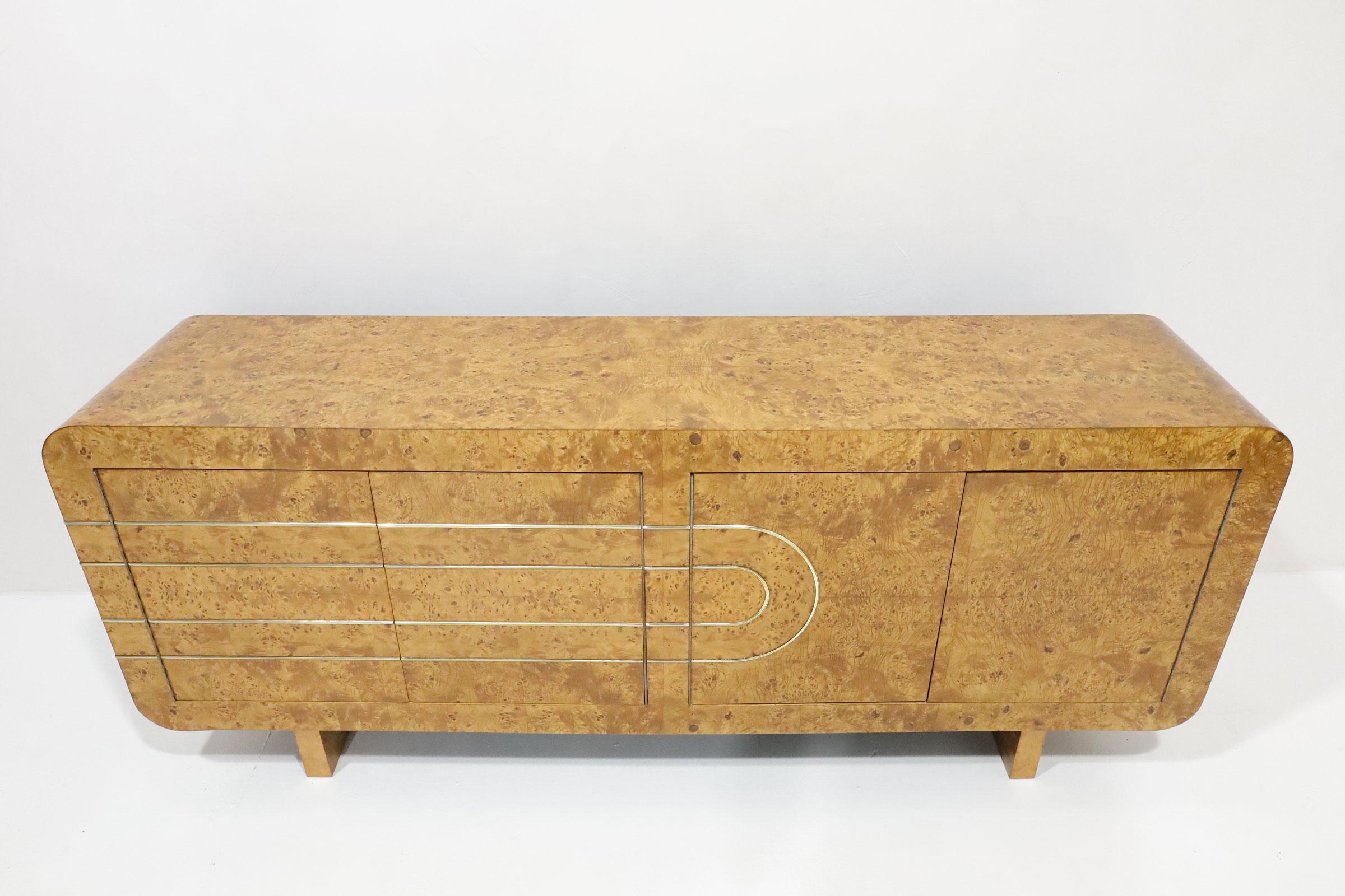 American Vladimir Kagan Style Sideboard in Burlwood with Brass Accents For Sale