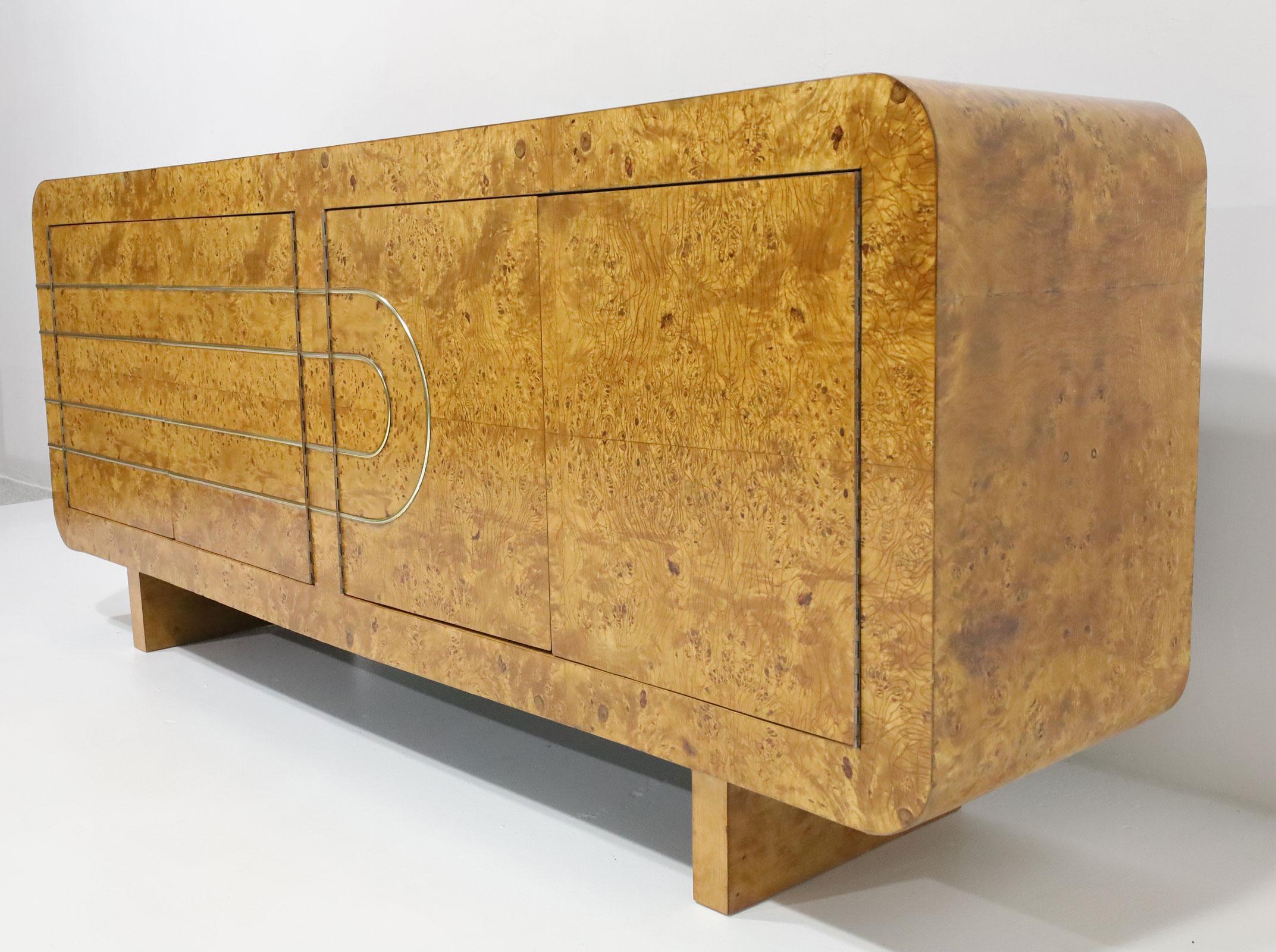 Vladimir Kagan Style Sideboard in Burlwood with Brass Accents In Good Condition For Sale In Dallas, TX