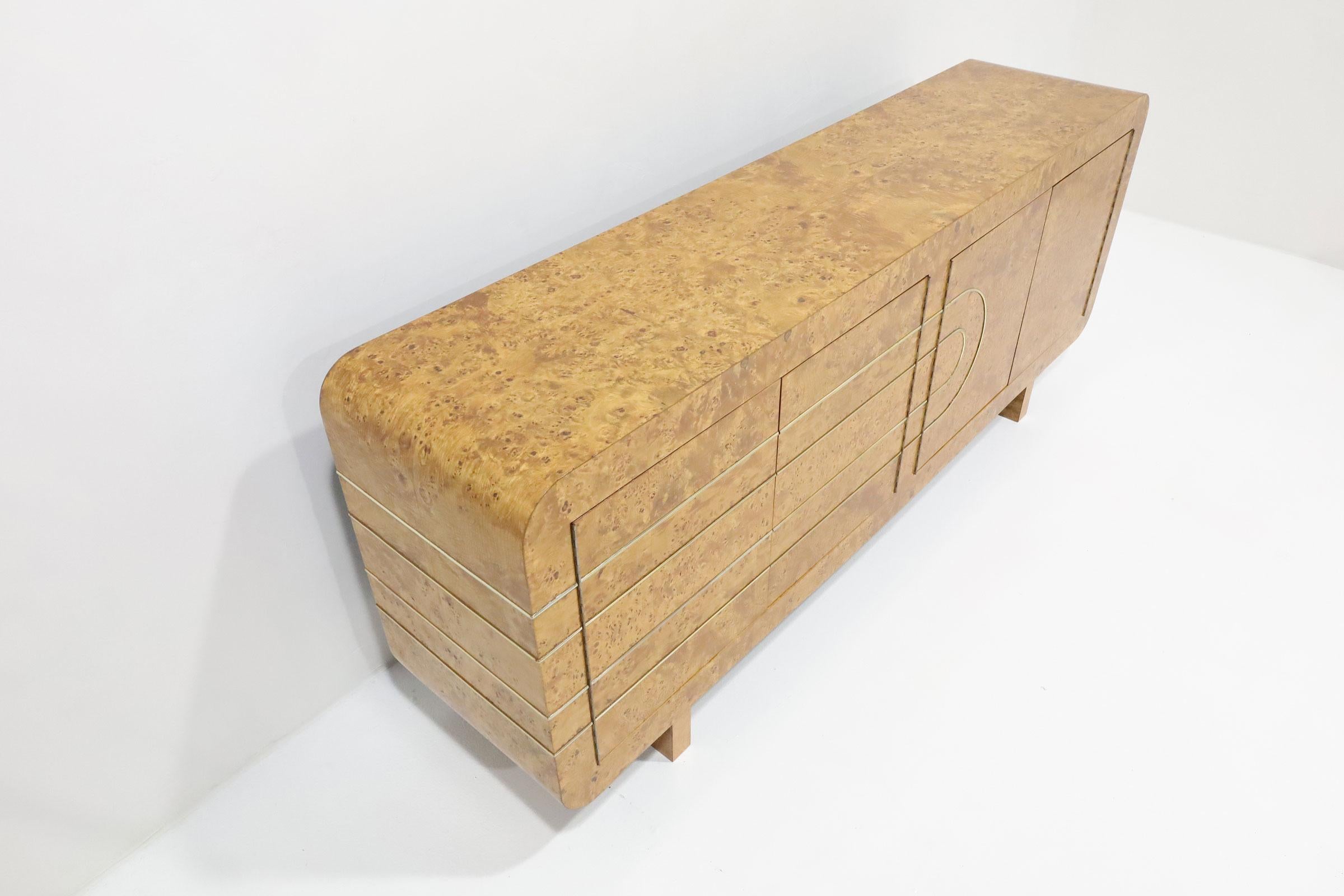 20th Century Vladimir Kagan Style Sideboard in Burlwood with Brass Accents For Sale