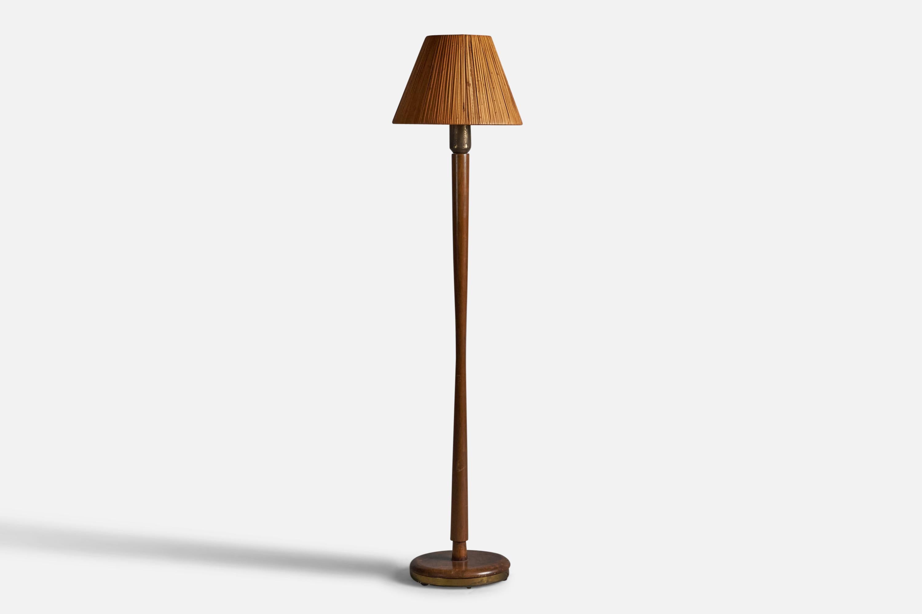 A walnut, brass and rattan floor lamp, design attributed to Vladimir Kagan, USA, c. 1950s.

Overall Dimensions: 59