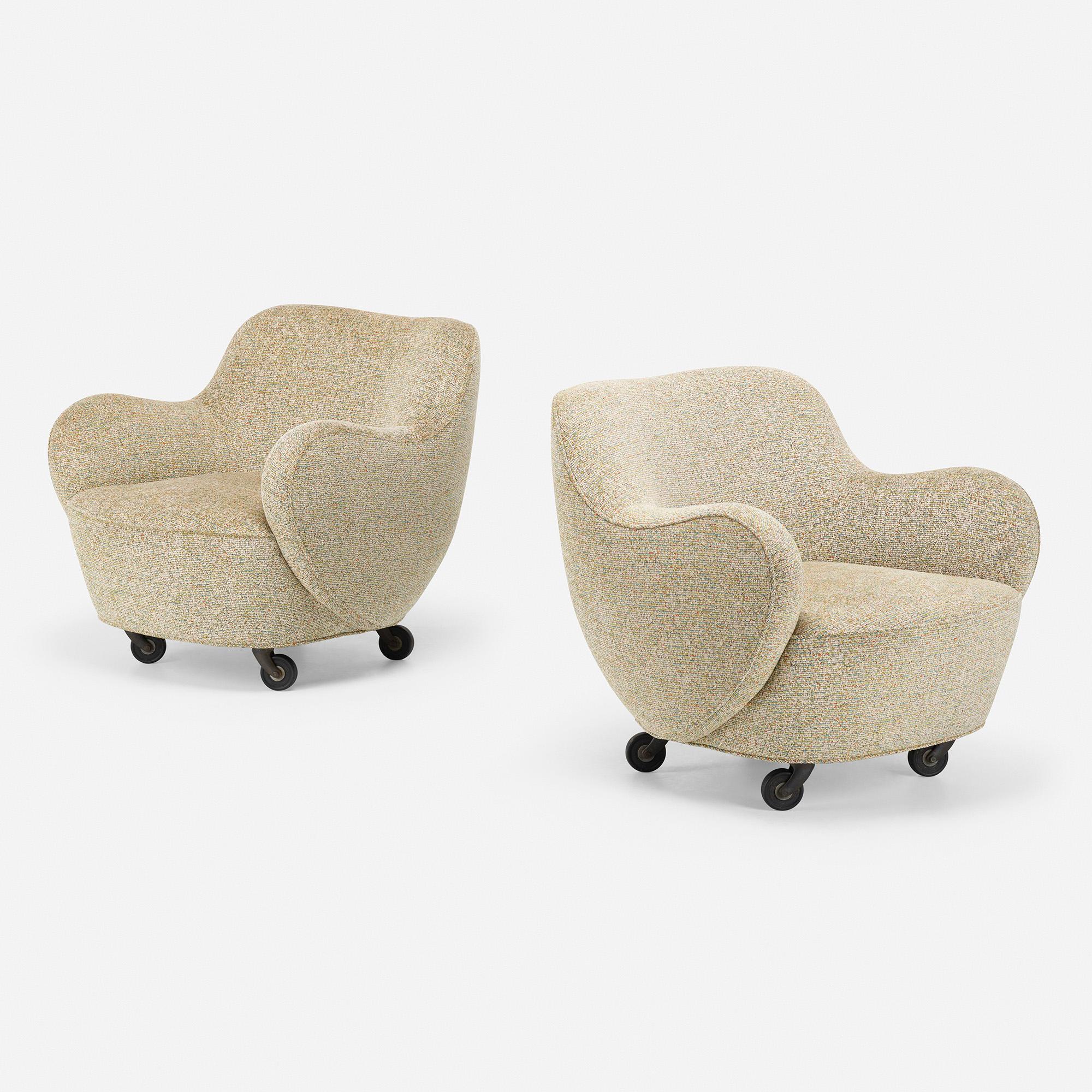 Made by: Vladimir Kagan Design Group, USA, 1947

Material: Knoll Atelier Confetti upholstery, casters

Size: 30 w × 30 d × 27.5 h in seat height 15 inches.