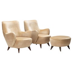Vladimir Kagan 'Barrel' Lounge Chairs and Ottoman in Light Beige Mohair