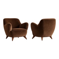 Vladimir Kagan Barrel Lounge Chairs in Brown Velvet and Walnut Legs
