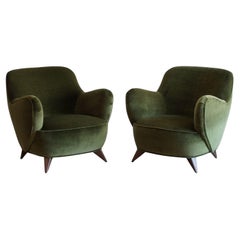Vladimir Kagan Barrel Lounge Chairs in Olive Green Velvet and Walnut Legs