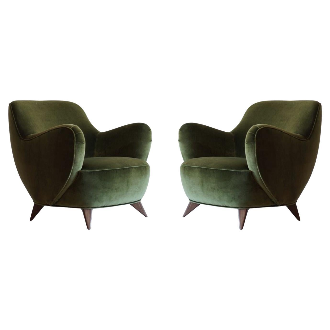 Vladimir Kagan Barrel Lounge Chairs in Olive Green Velvet and Walnut Legs