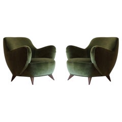 Vladimir Kagan Barrel Lounge Chairs in Olive Green Velvet and Walnut Legs