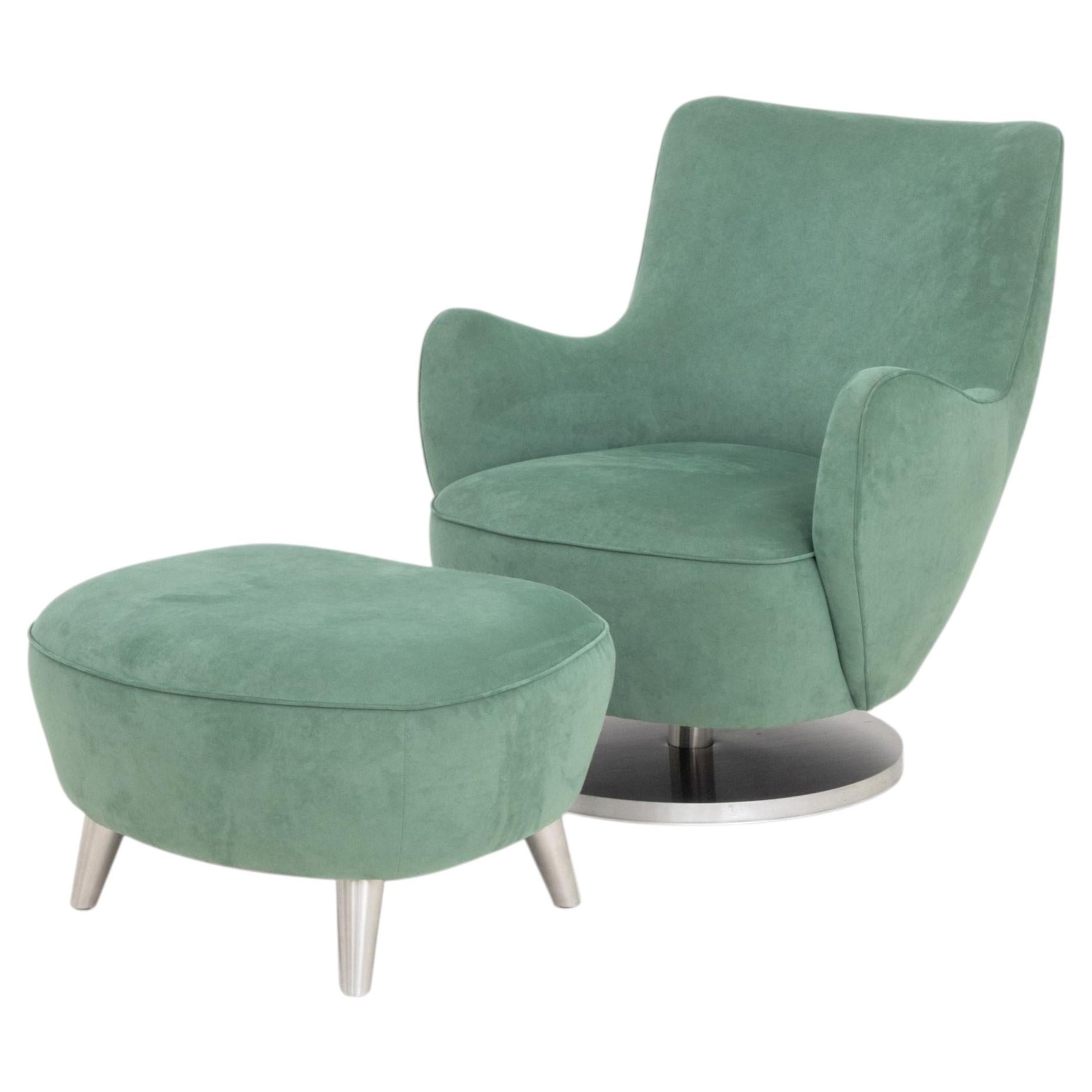 Vladimir Kagan High Back Barrel Swivel Chair & Ottoman in Green Suede