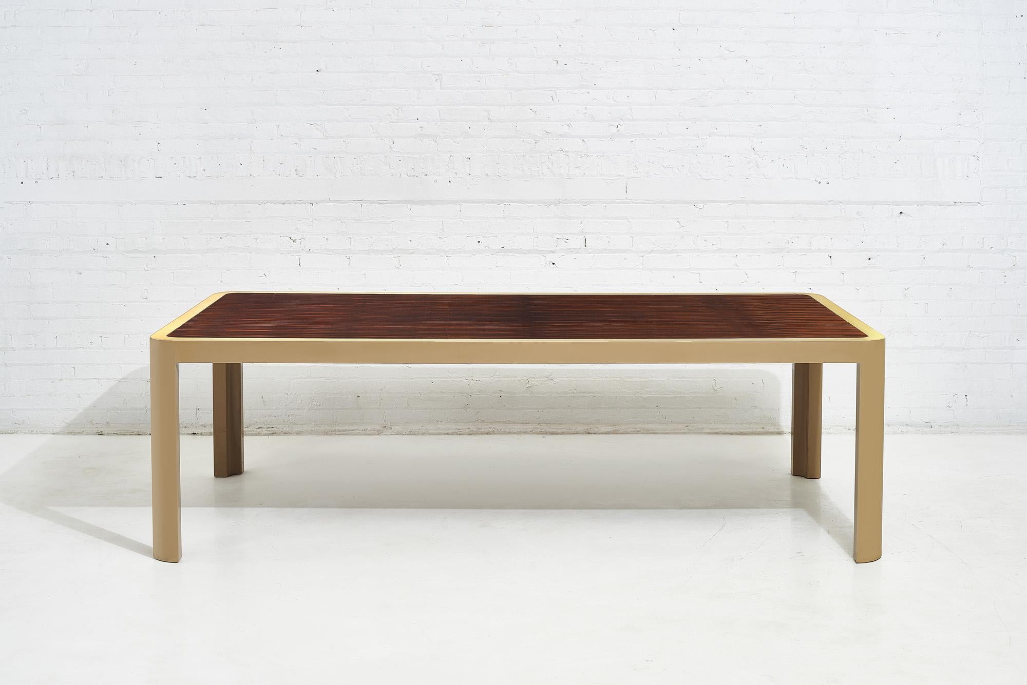 Vladimir Kagan beige lacquer and rosewood dining table, circa 1970. A beautiful and unique piece in very good condition.