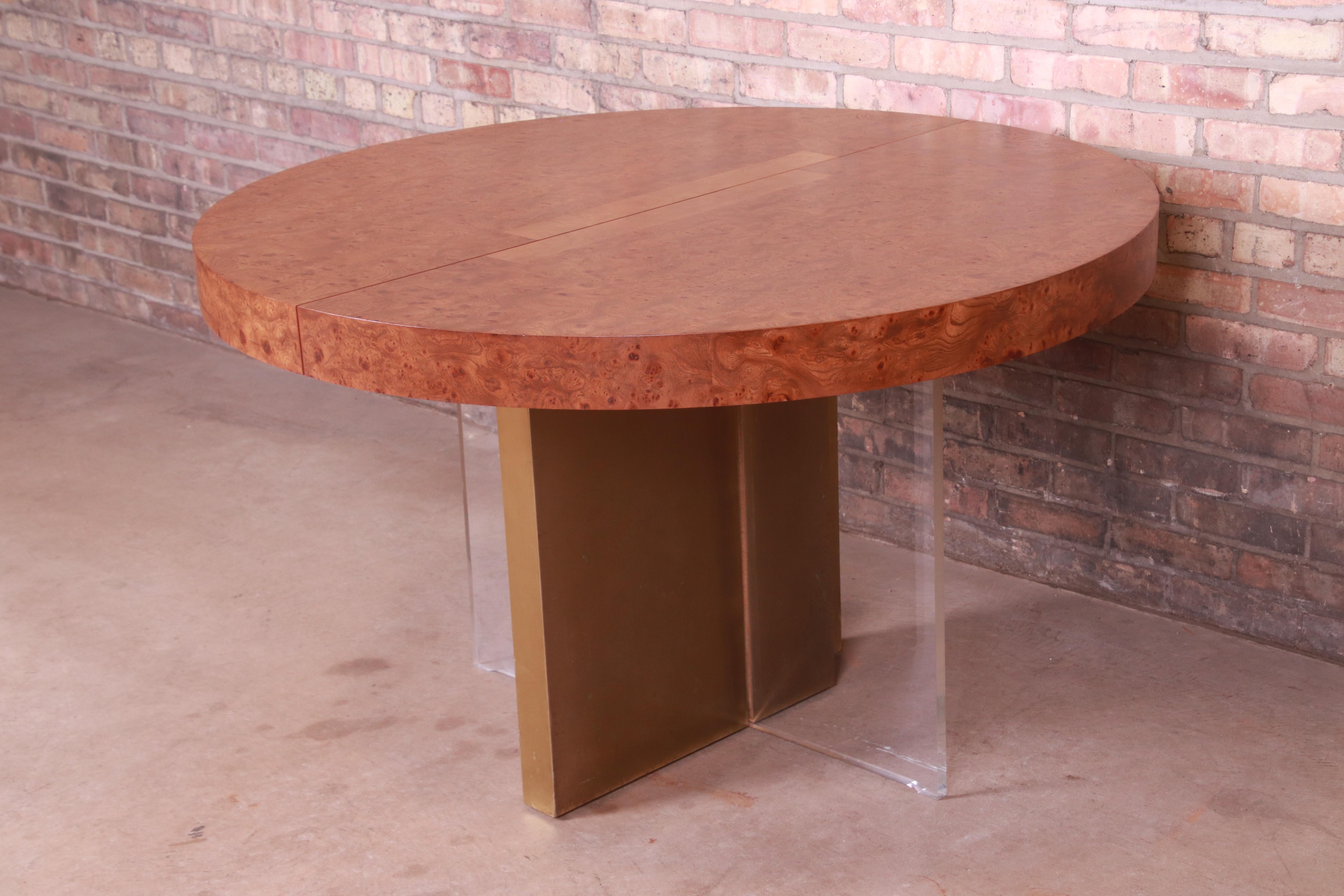 Vladimir Kagan Burl Wood, Bronze, and Lucite Extension Dining Table, Refinished 5