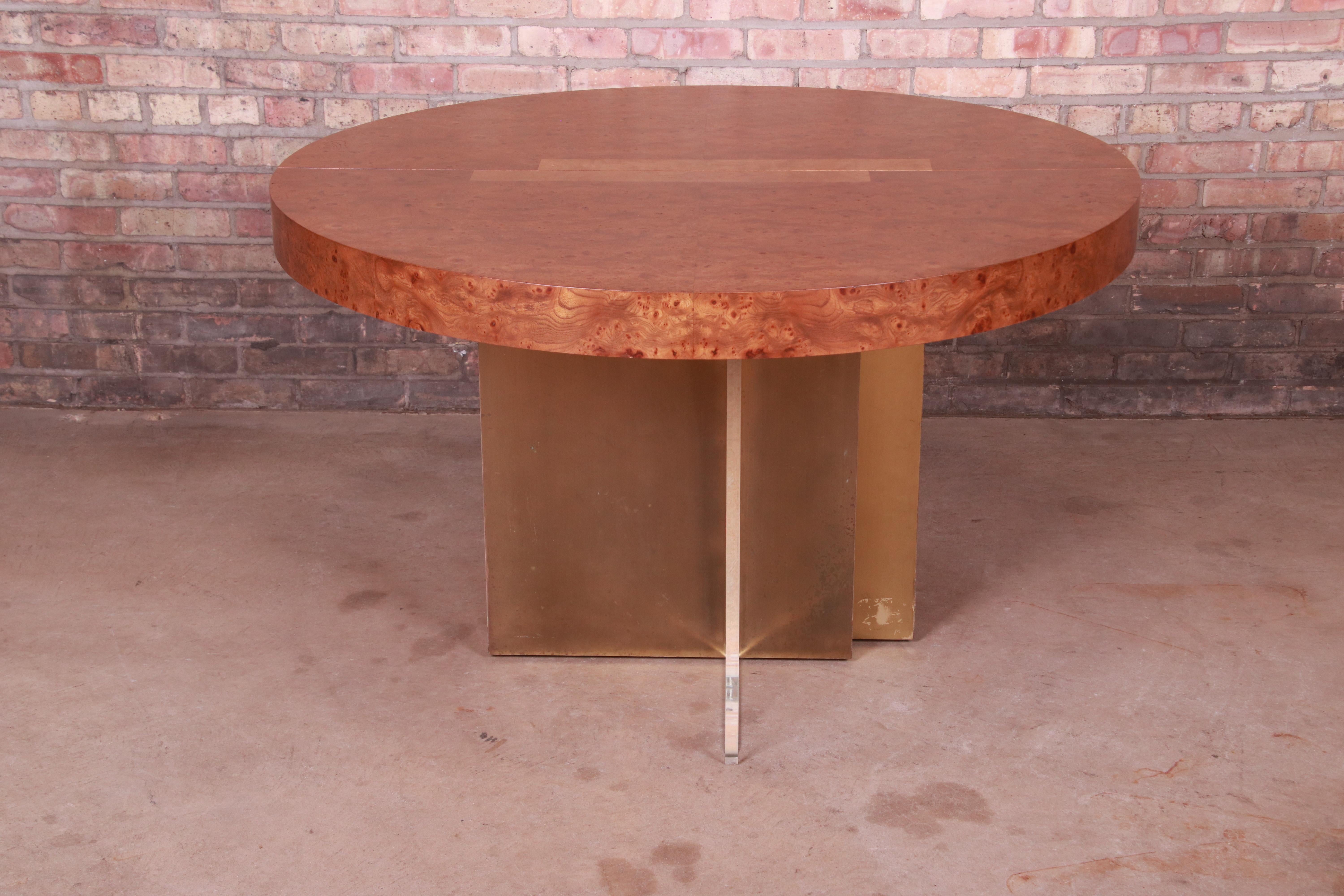 Vladimir Kagan Burl Wood, Bronze, and Lucite Extension Dining Table, Refinished 11