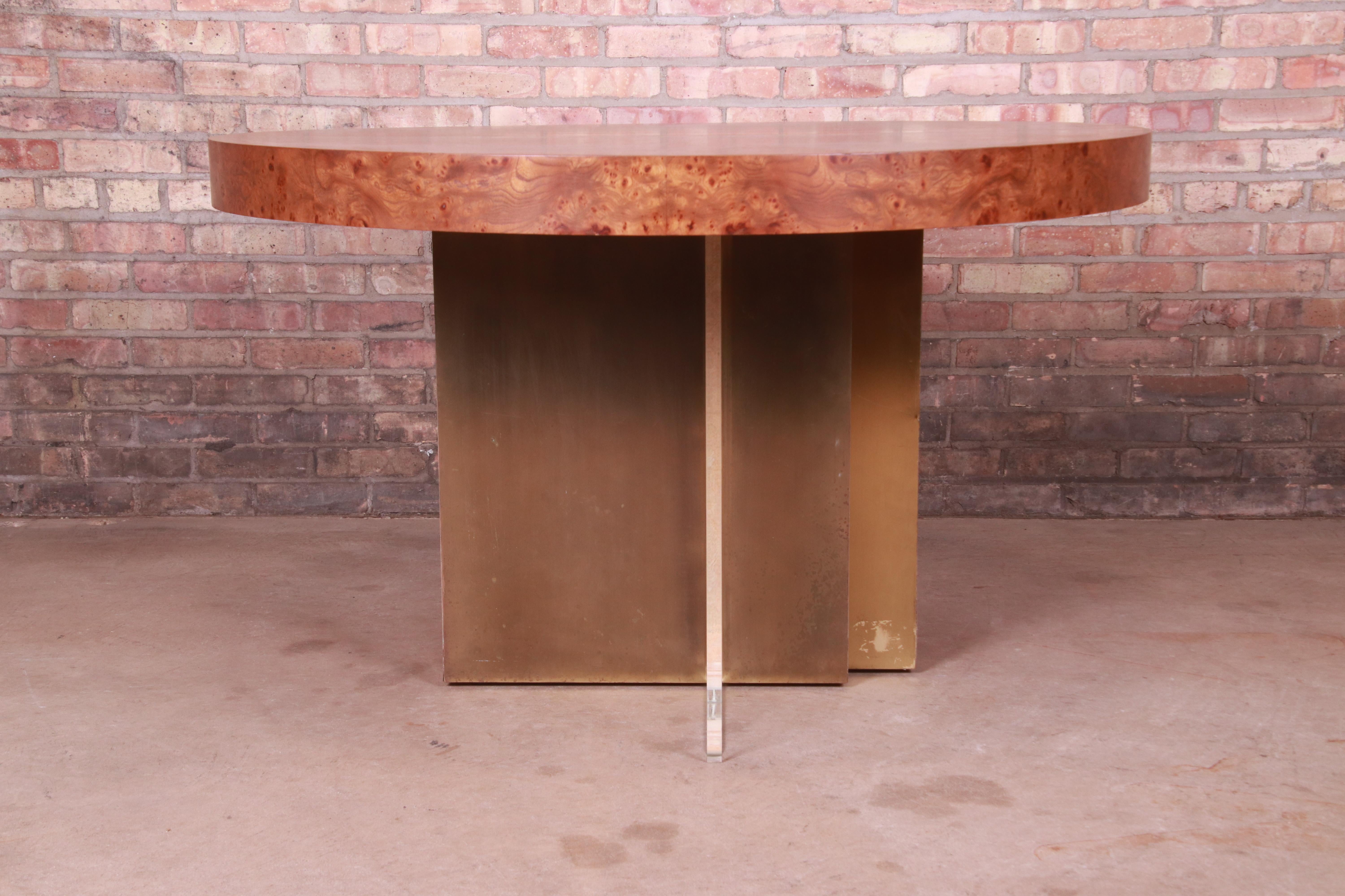 Vladimir Kagan Burl Wood, Bronze, and Lucite Extension Dining Table, Refinished 12