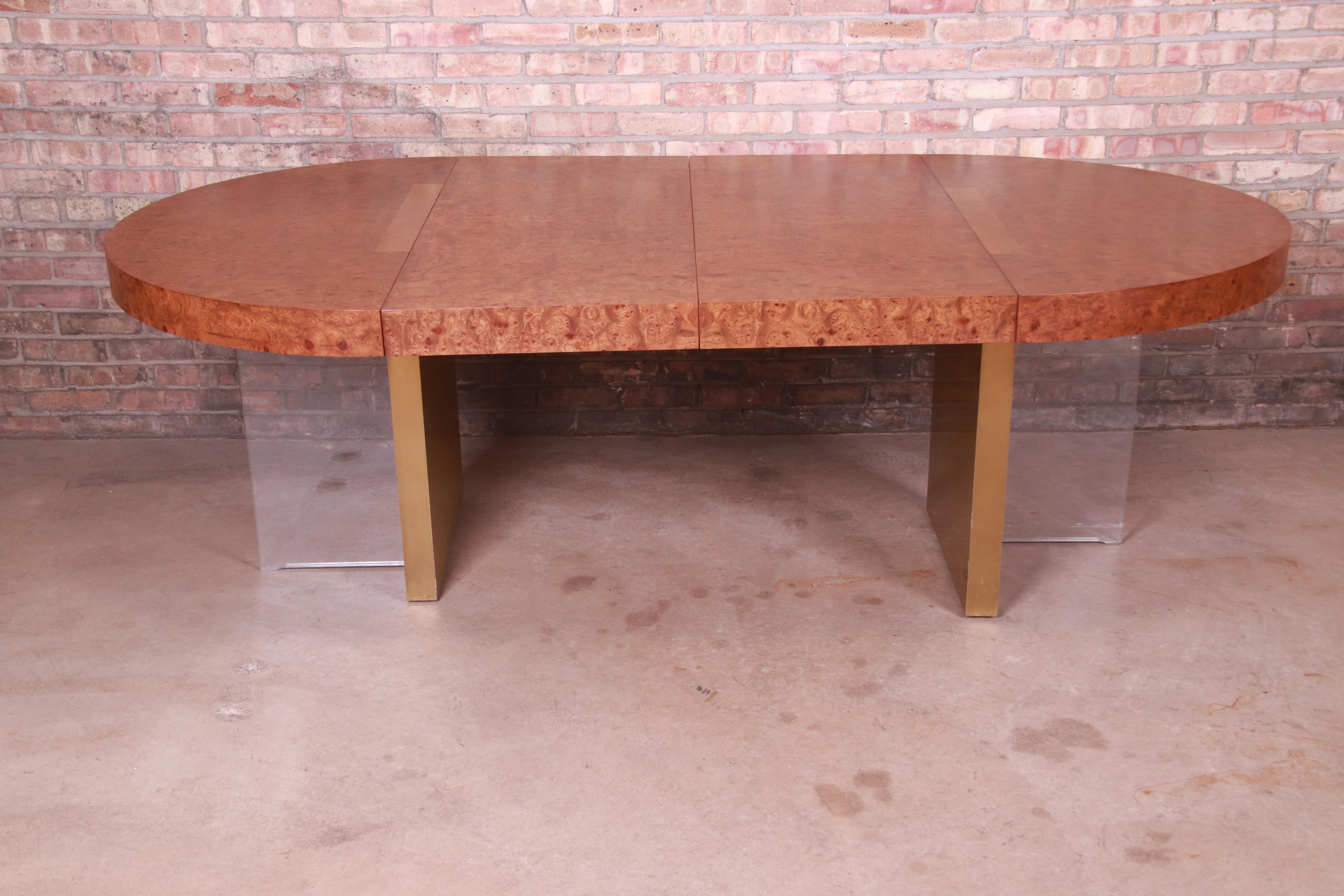 Mid-Century Modern Vladimir Kagan Burl Wood, Bronze, and Lucite Extension Dining Table, Refinished