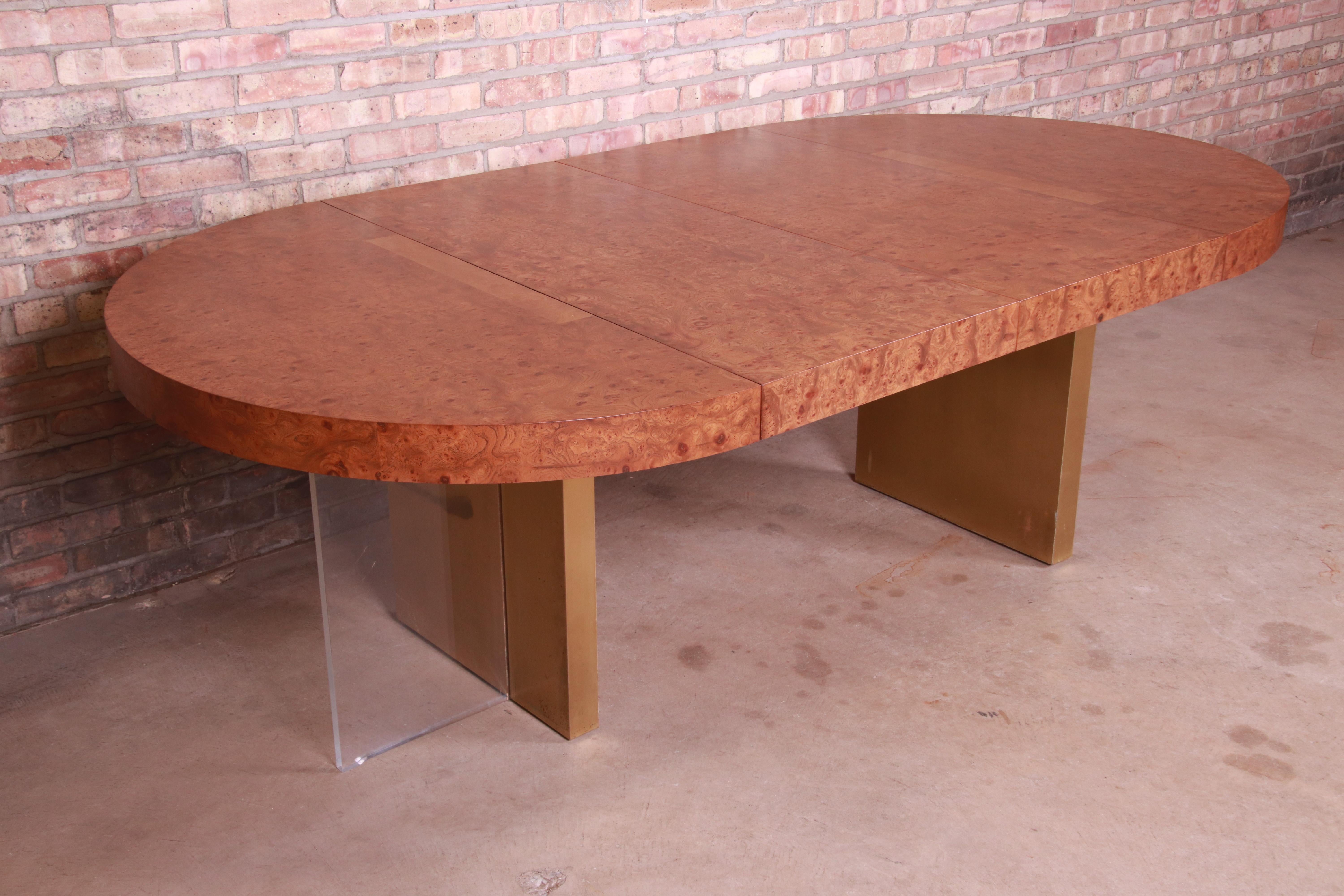 Vladimir Kagan Burl Wood, Bronze, and Lucite Extension Dining Table, Refinished In Good Condition In South Bend, IN