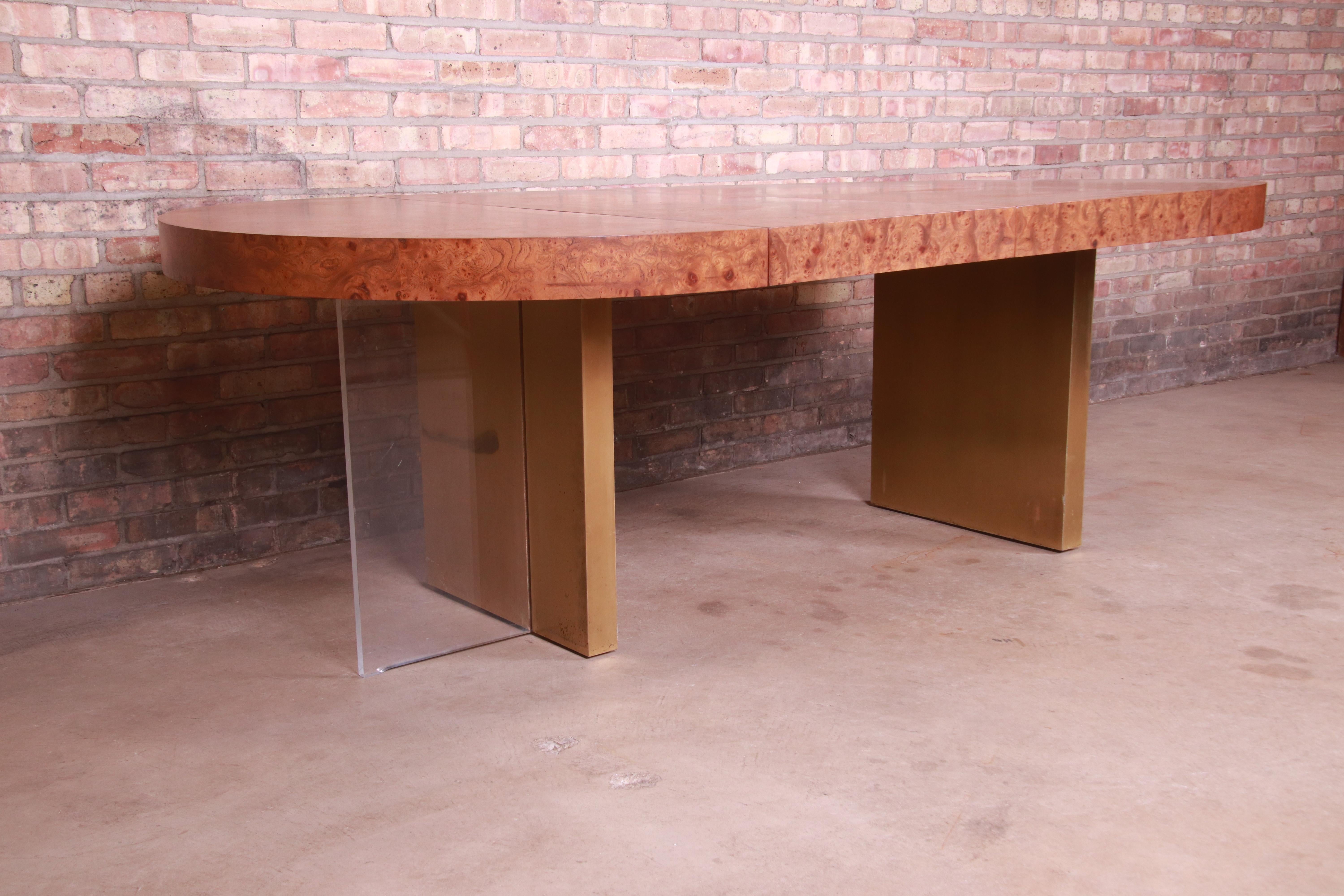 Late 20th Century Vladimir Kagan Burl Wood, Bronze, and Lucite Extension Dining Table, Refinished