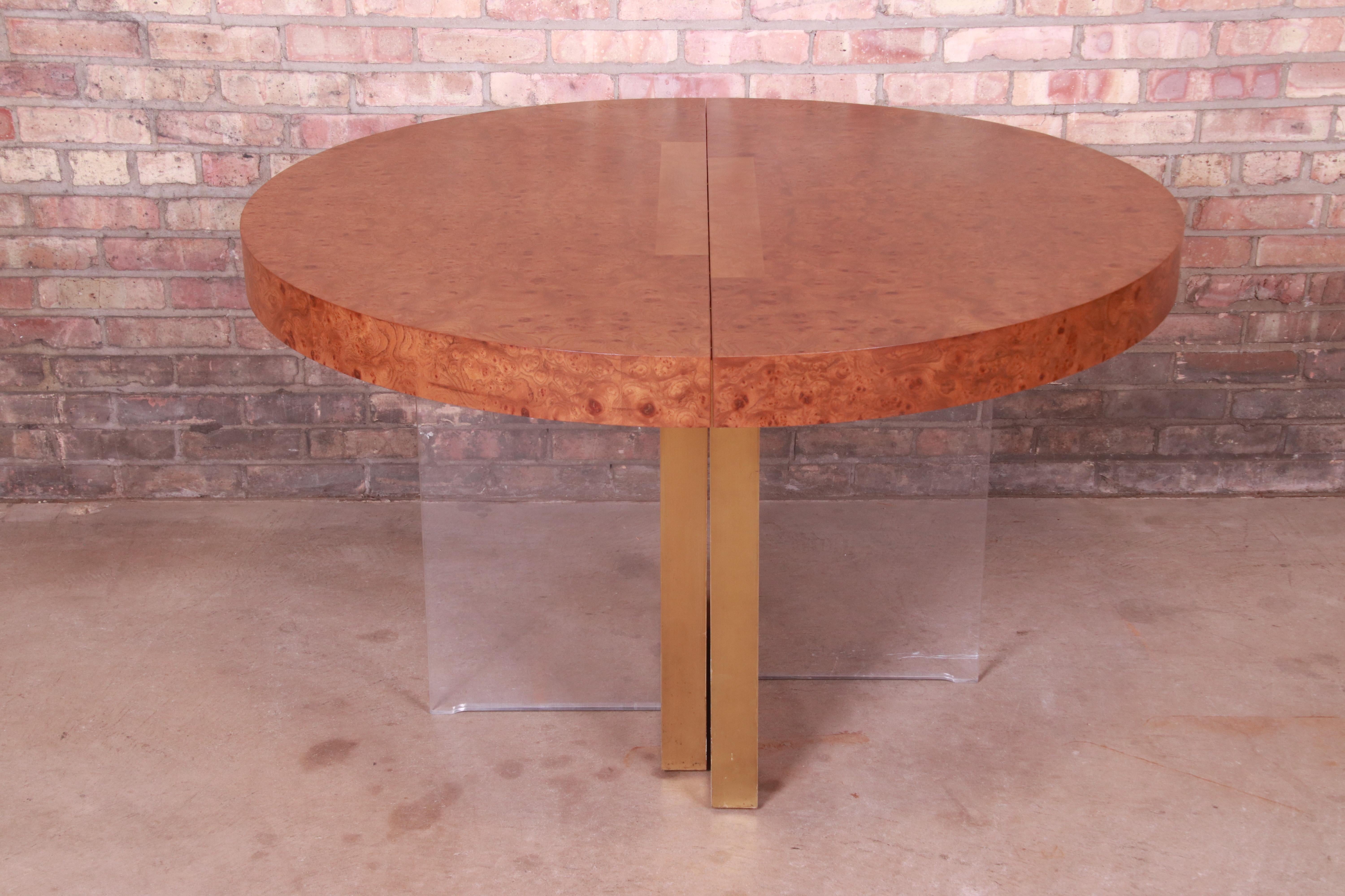 Vladimir Kagan Burl Wood, Bronze, and Lucite Extension Dining Table, Refinished 3