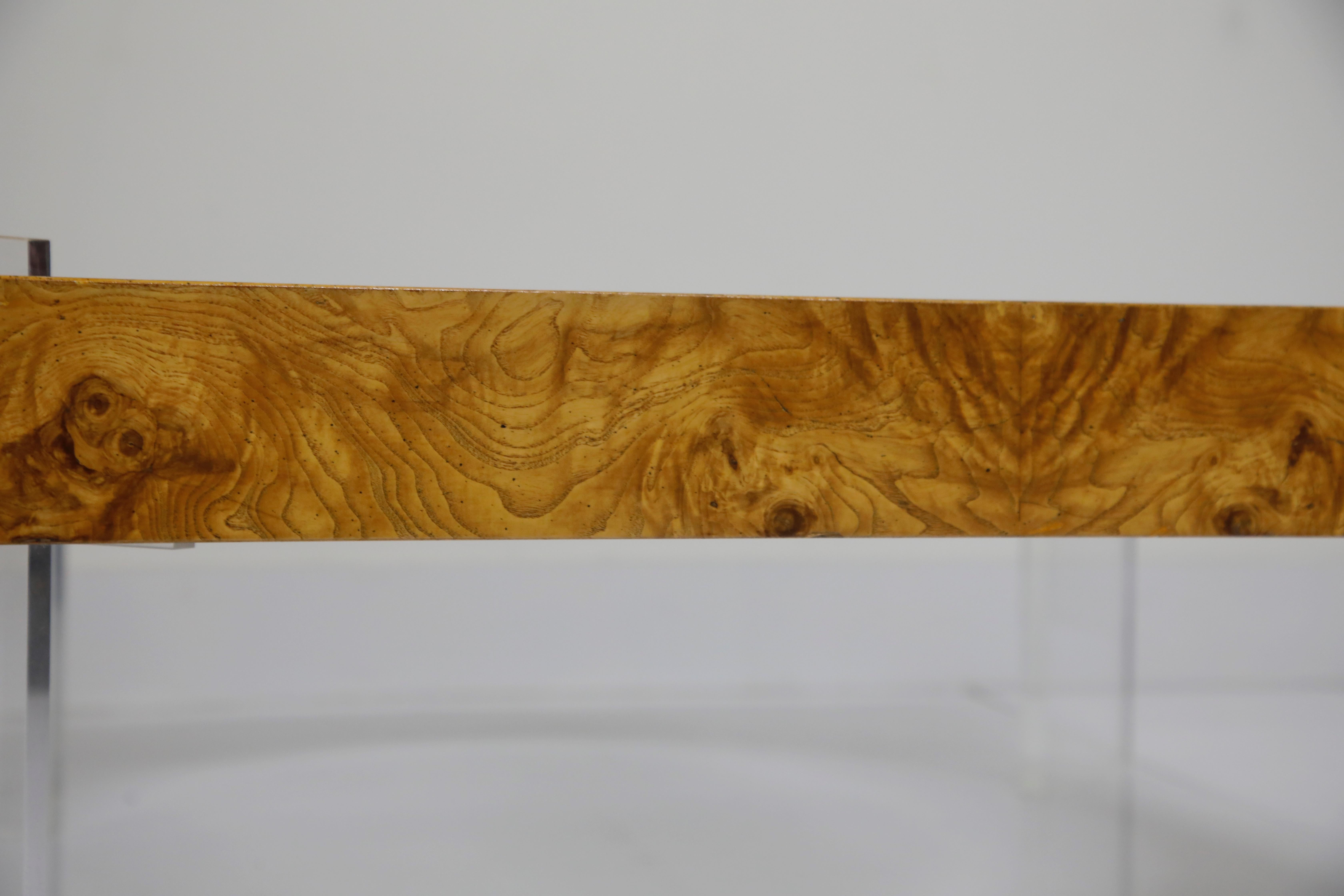 Vladimir Kagan Burled Wood and Lucite Coffee Table, circa 1970, Restored 2