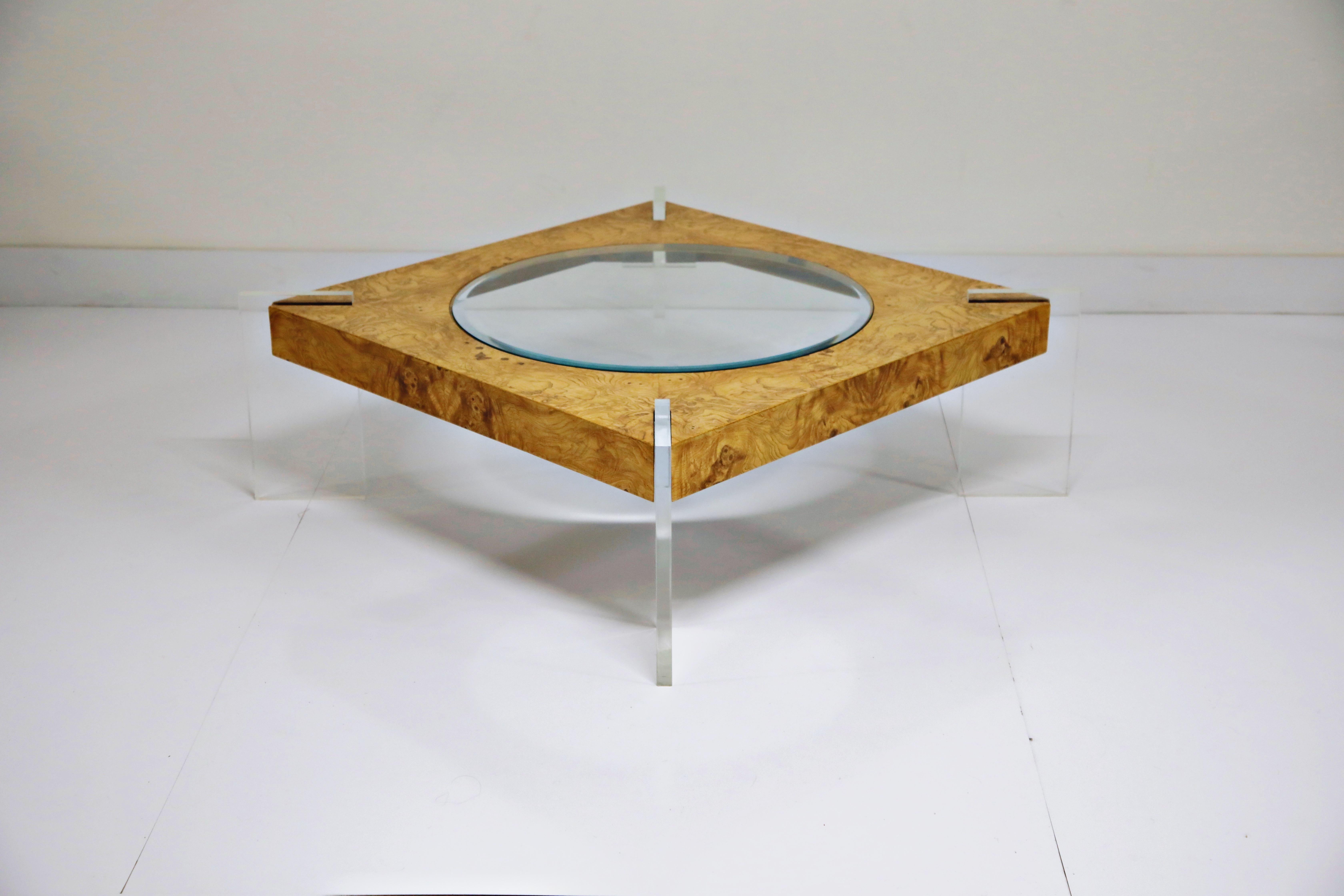 Late 20th Century Vladimir Kagan Burled Wood and Lucite Coffee Table, circa 1970, Restored
