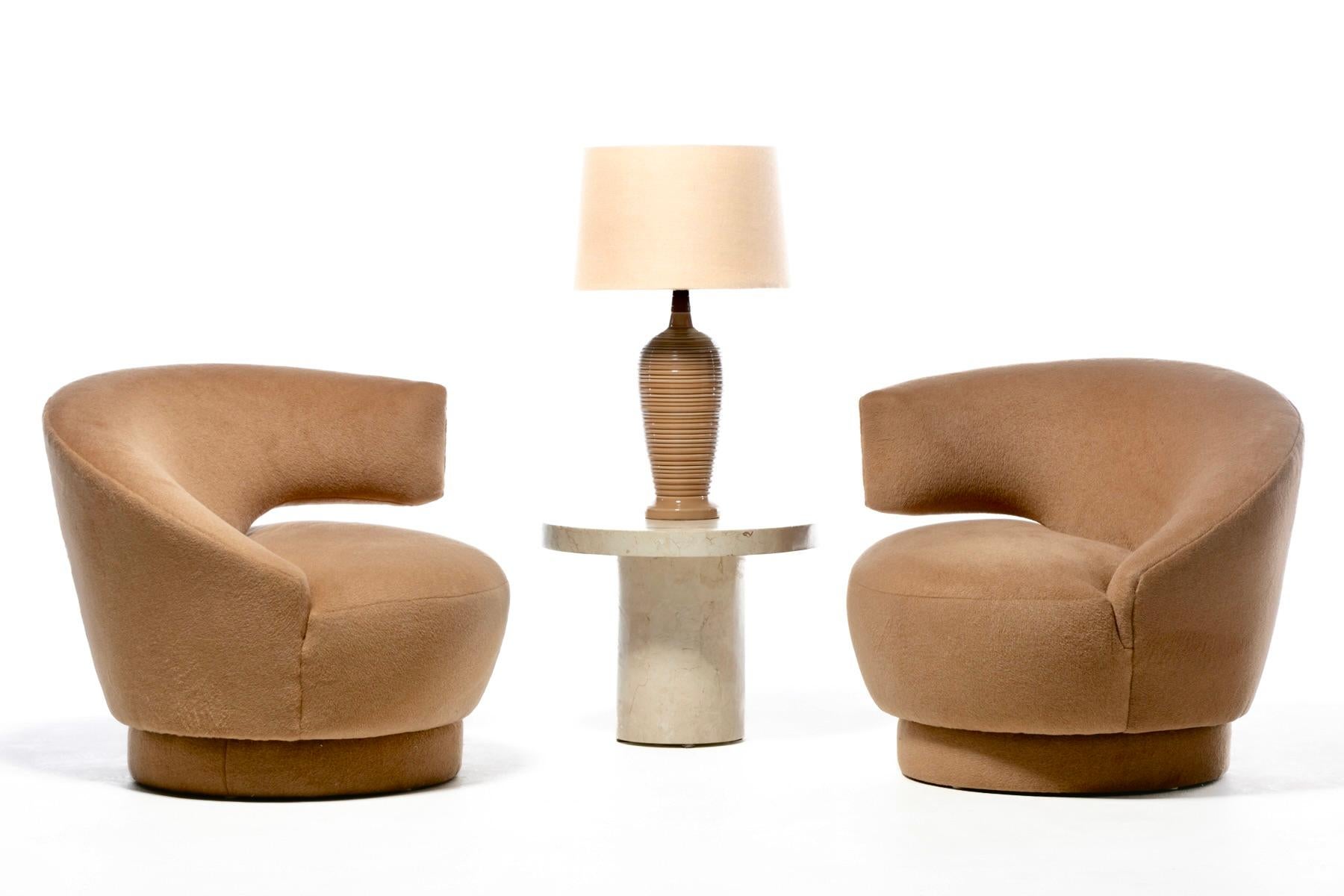 Post-Modern Vladimir Kagan Caterpillar Chairs Newly Upholstered in Camel Color Mohair For Sale