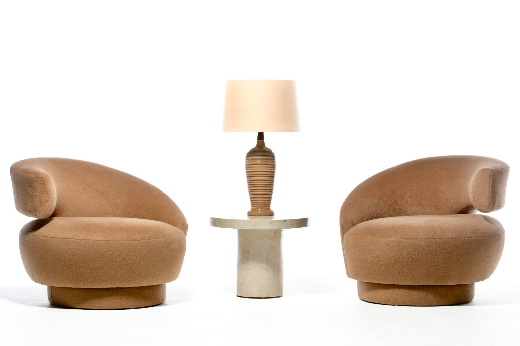 American Vladimir Kagan Caterpillar Chairs Newly Upholstered in Camel Color Mohair For Sale