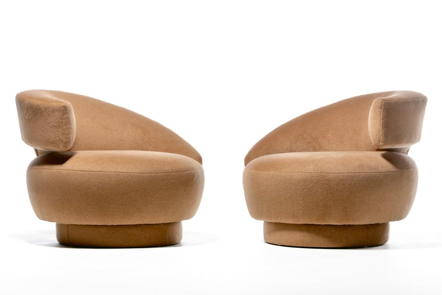 Contemporary Vladimir Kagan Caterpillar Chairs Newly Upholstered in Camel Color Mohair For Sale