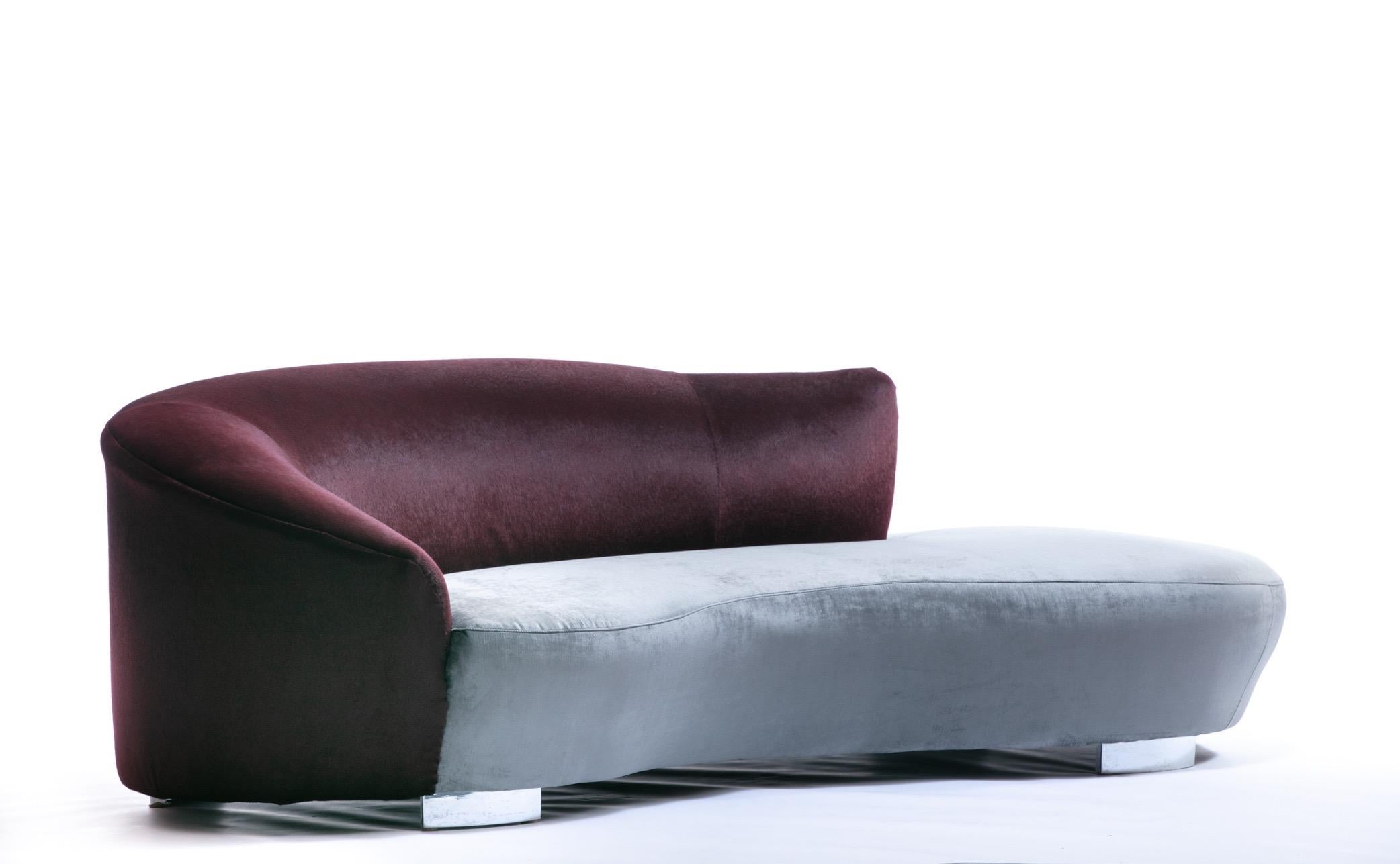 Mid-Century Modern Vladimir Kagan Cloud Sofa in Claret Red Faux Cowhide & Sterling Silver Velvet