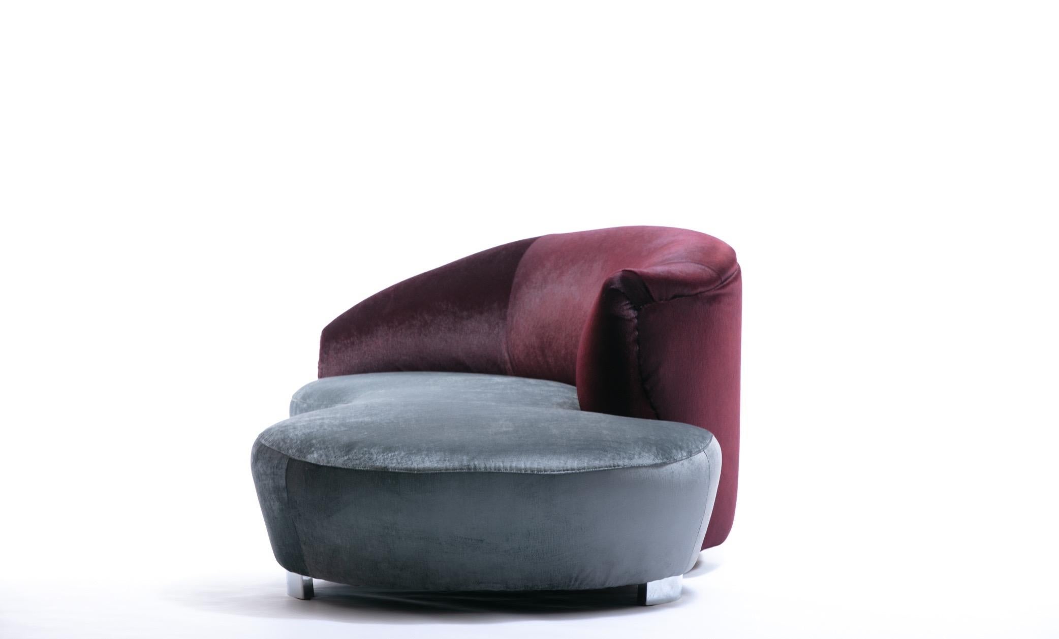 American Vladimir Kagan Cloud Sofa in Claret Red Faux Cowhide & Sterling Silver Velvet