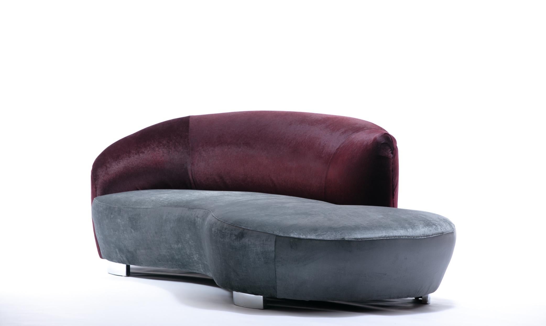 Vladimir Kagan Cloud Sofa in Claret Red Faux Cowhide & Sterling Silver Velvet In Good Condition In Saint Louis, MO