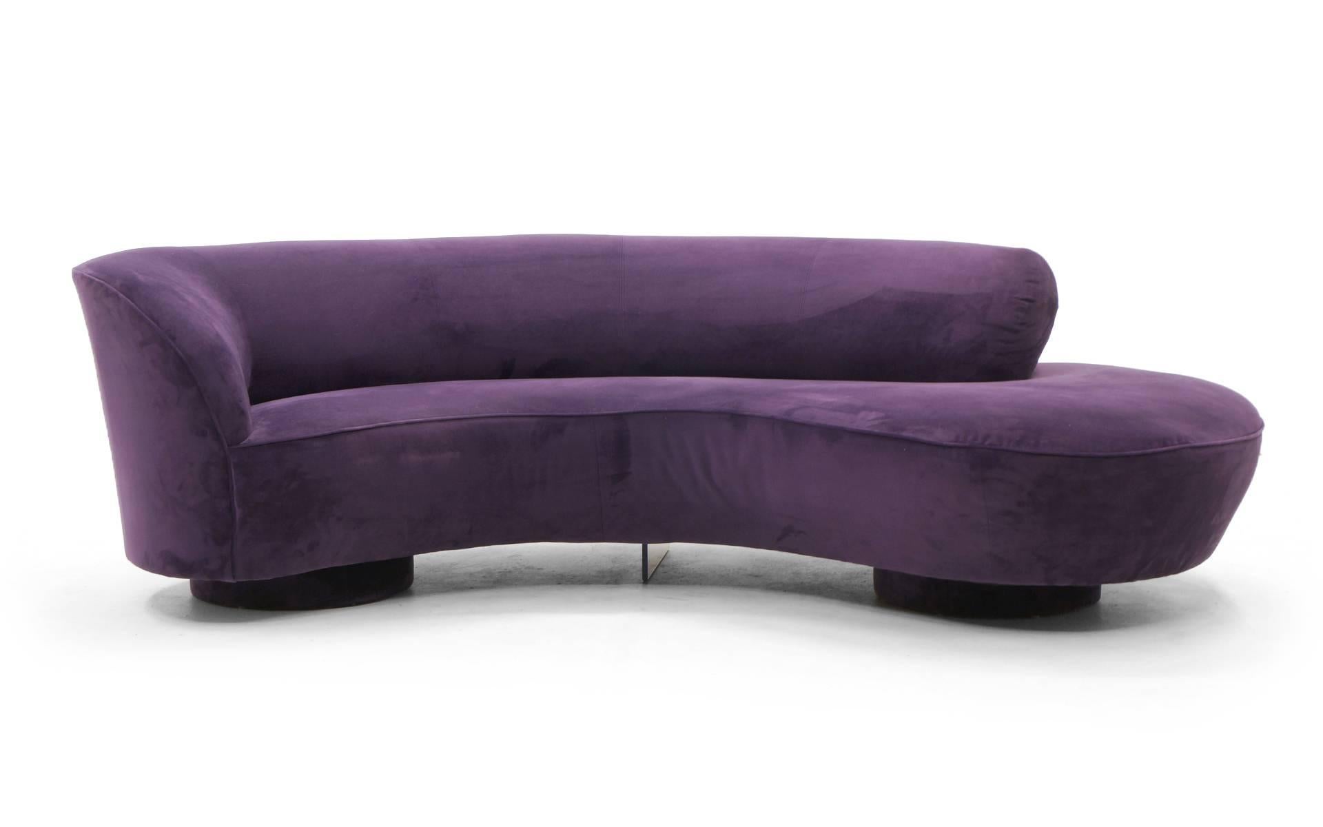 Complimenting pair of Vladimir Kagan cloud sofas. Each an iconic design. Manufactured by Directional and we have the original Directional labels that the original owners kept when they had these reupholstered a short time ago. Popular violet / plum