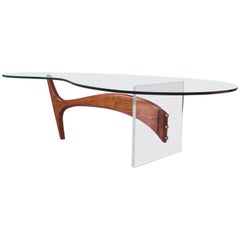 Vladimir Kagan Coffee Table in Sculpted Walnut, Lucite and Brass, 1950s