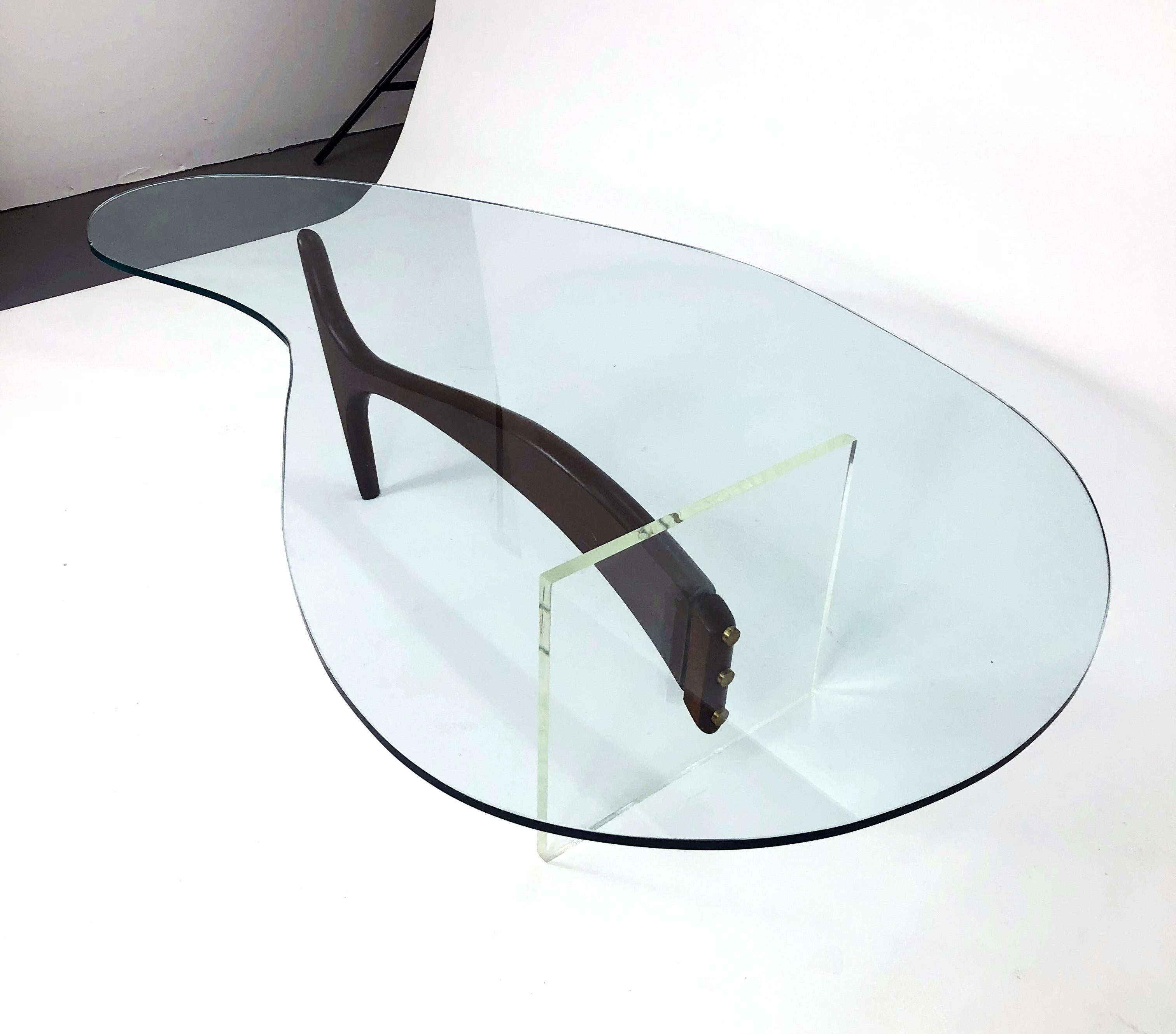 American Vladimir Kagan Coffee Table in Sculpted Walnut, Lucite and Brass