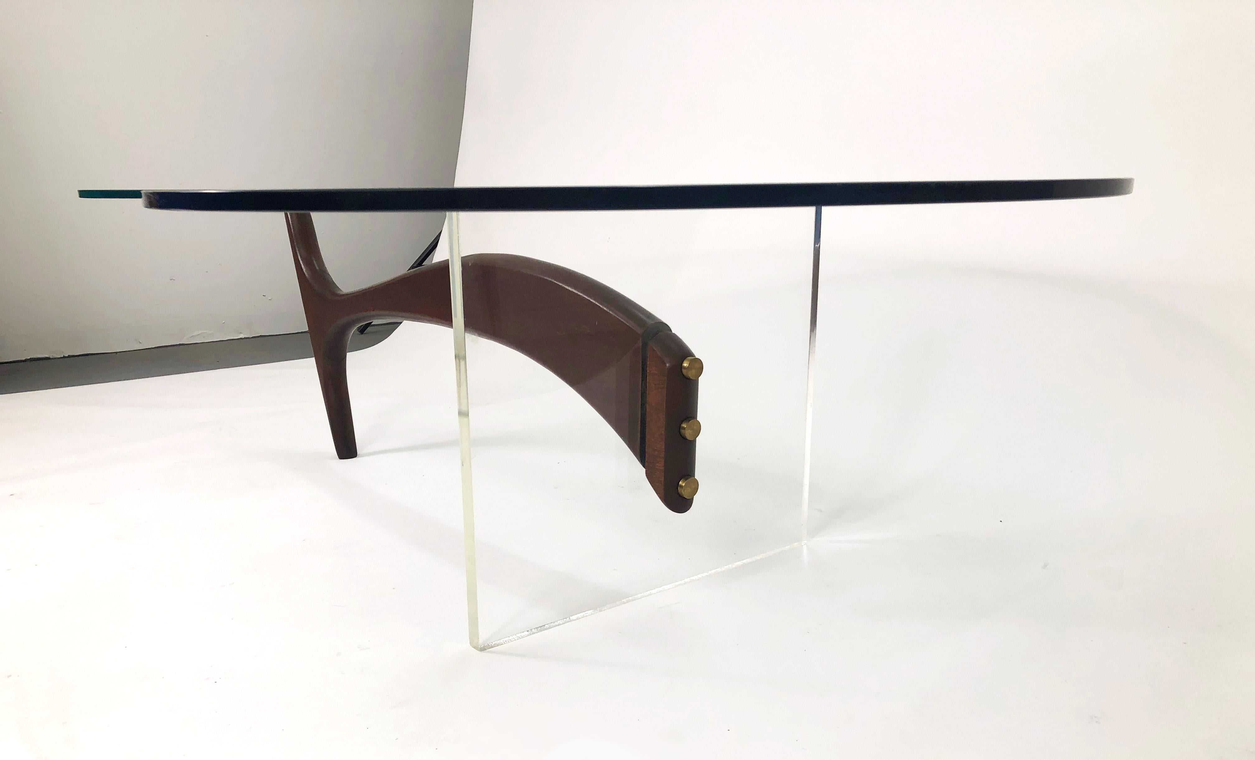 Vladimir Kagan Coffee Table in Sculpted Walnut, Lucite and Brass 1