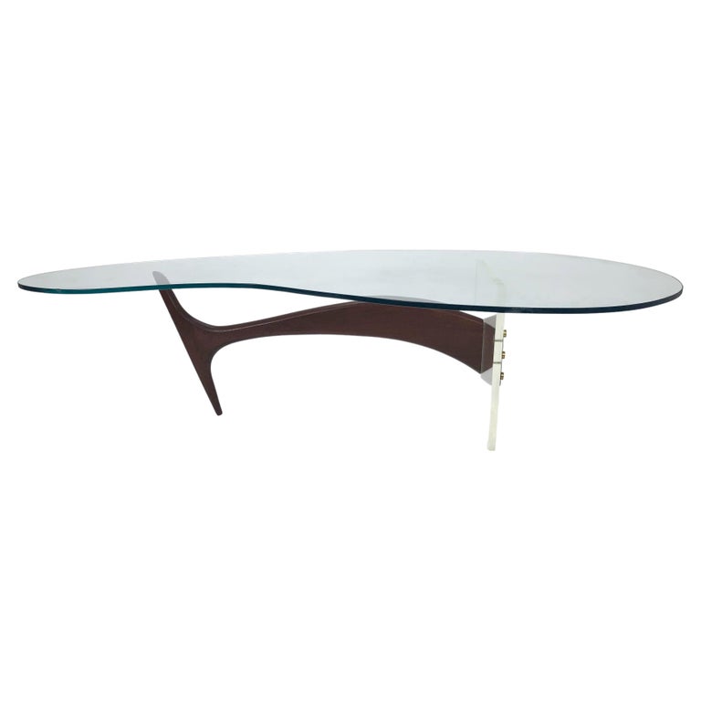 Vladimir Kagan Coffee Table in Sculpted Walnut, Lucite and Brass For Sale  at 1stDibs