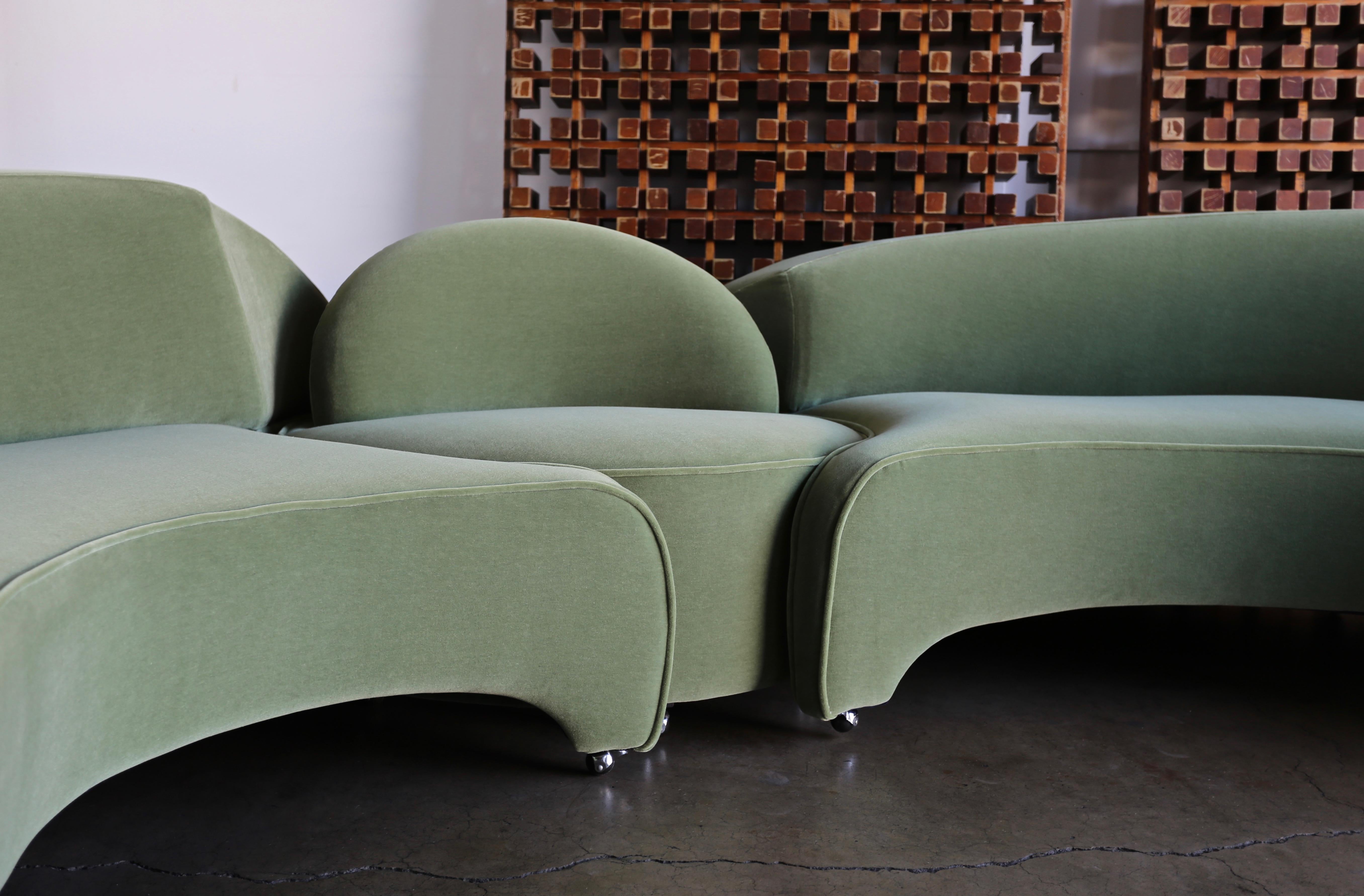 Vladimir Kagan Comete sofa for Roche Bobois, circa 2003. This piece has been expertly restored in green mohair.
