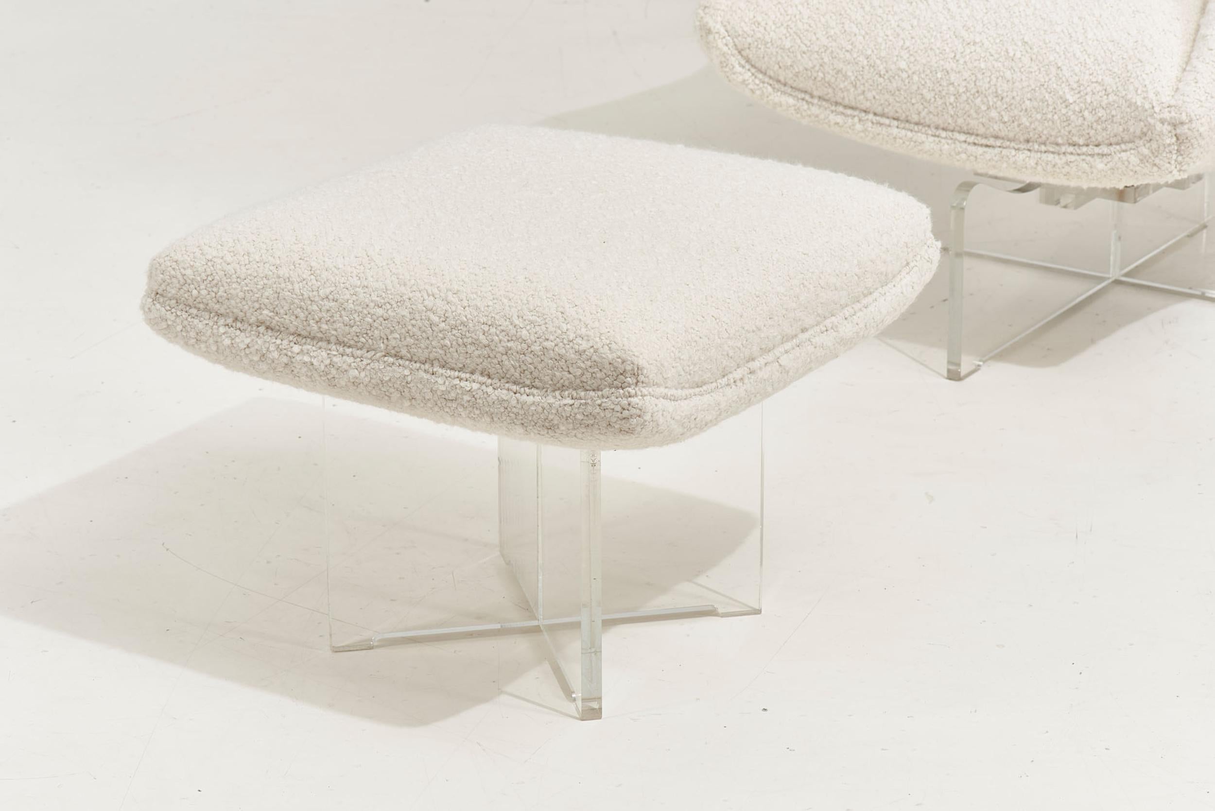 Bouclé Vladimir Kagan “Cosmos” Lounge Chair and Ottoman in White Boucle